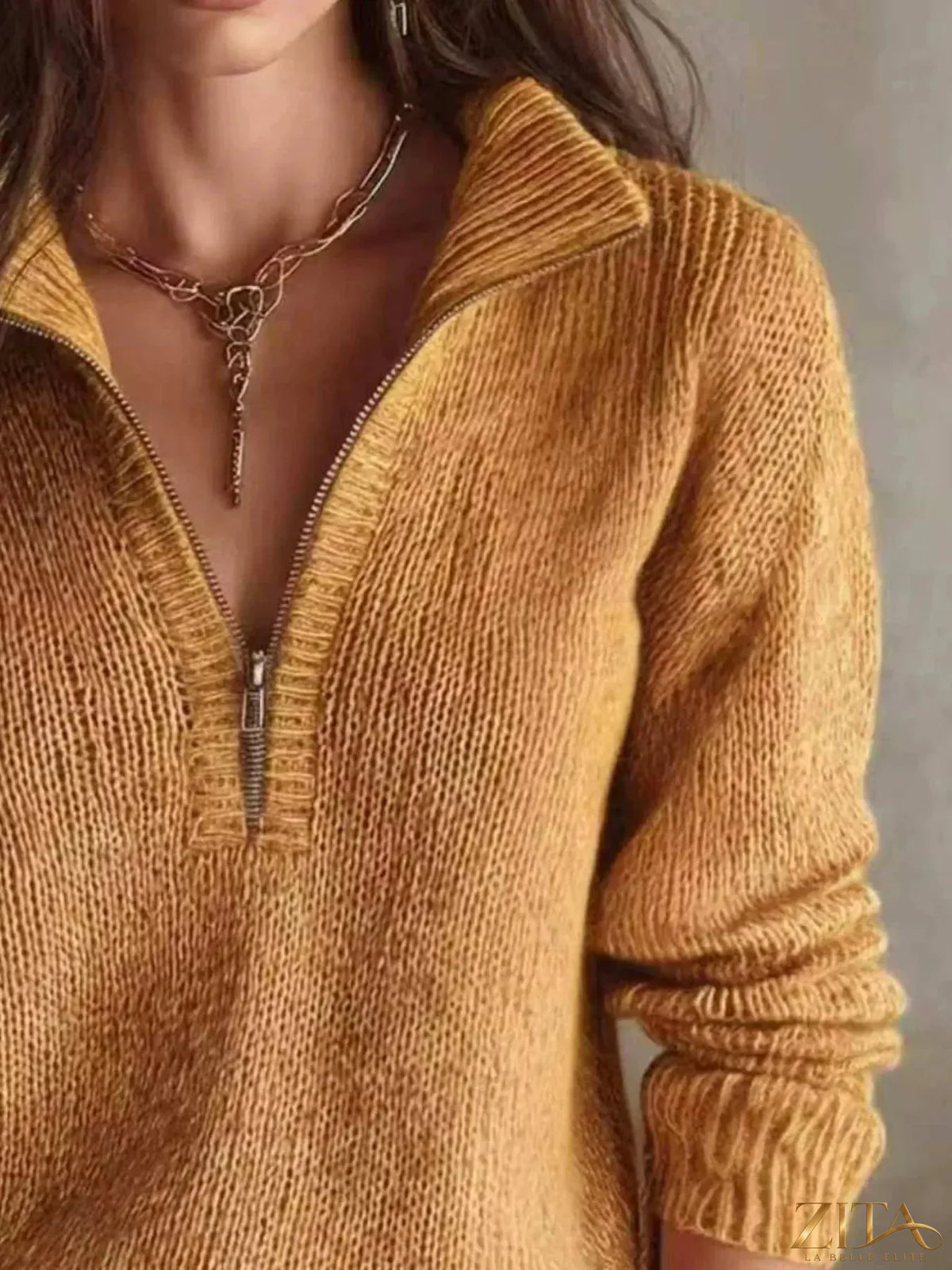 Zita La Belle Elite half zip dropped shoulder sweater in soft knit fabric, featuring a relaxed fit and stylish collar detail.