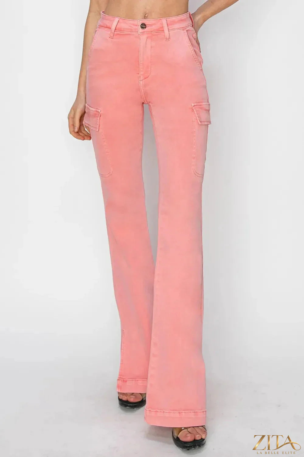 Zita La Belle Elite RISEN full size high rise cargo bootcut jeans with side slits, dark denim, and classic five-pocket design.