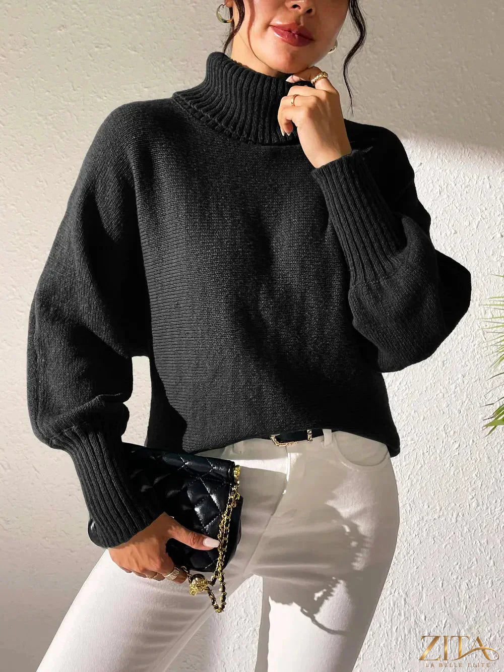 Zita La Belle Elite turtleneck long sleeve sweater in cozy knit, featuring a fitted design and ribbed collar.