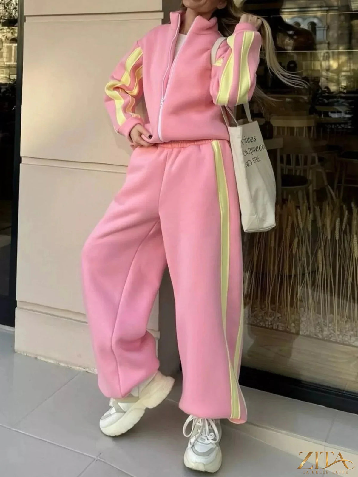 Zita La Belle Elite contrast striped zip-up top and pants set, featuring bold color blocks and a sporty, casual fit.