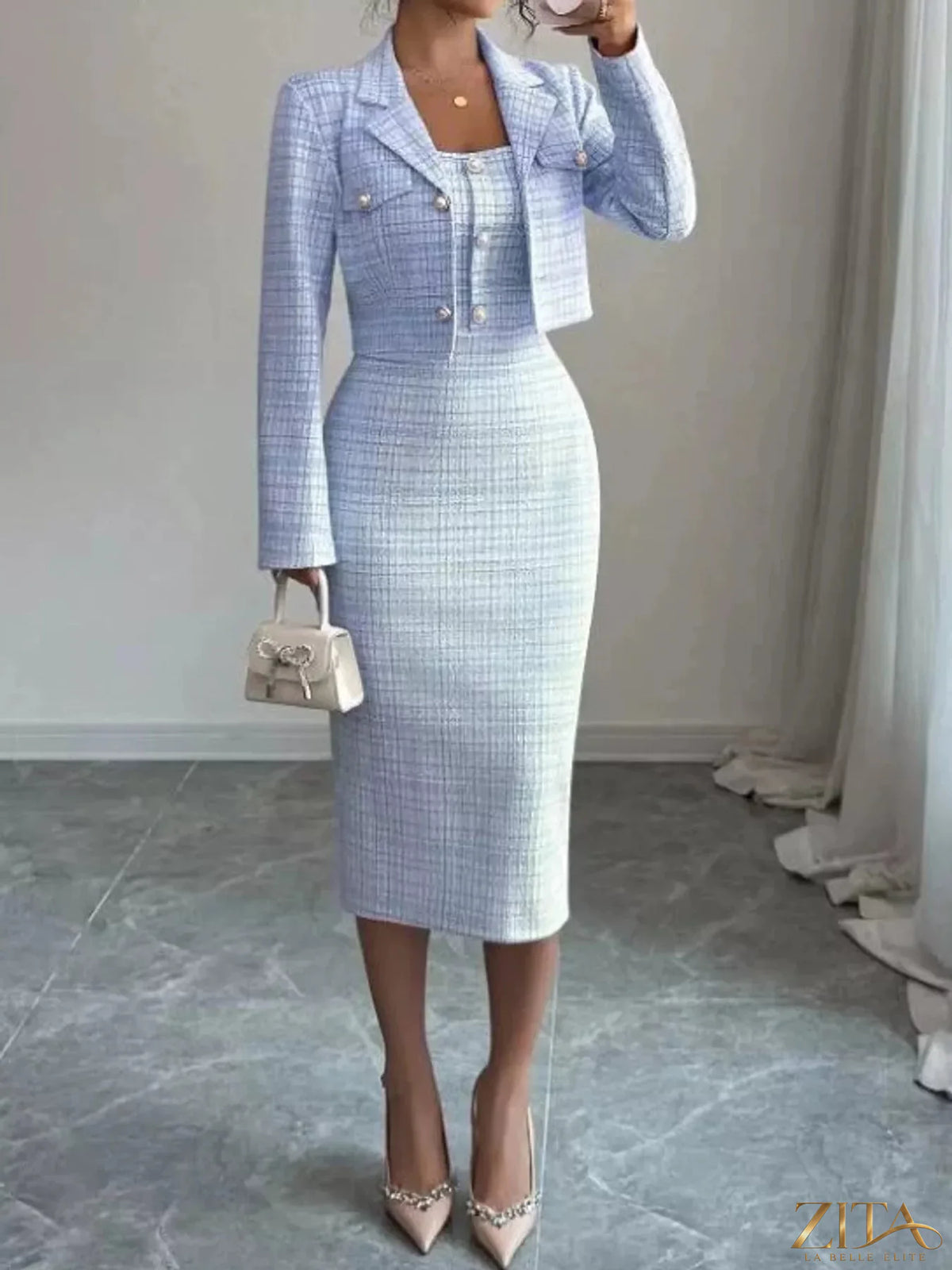 Zita La Belle Elite tweed square neck dress and matching cardigan set displayed on a model, showcasing stylish, coordinated women's attire.