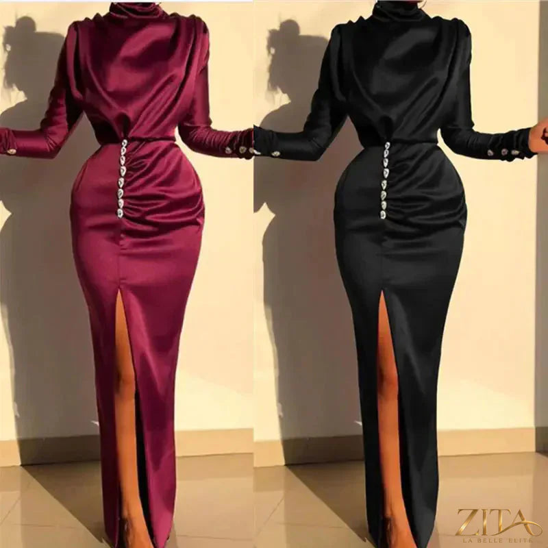 Women's long sleeve high waist split evening dress by Zita La Belle Elite, featuring a sexy, elegant design in black fabric.