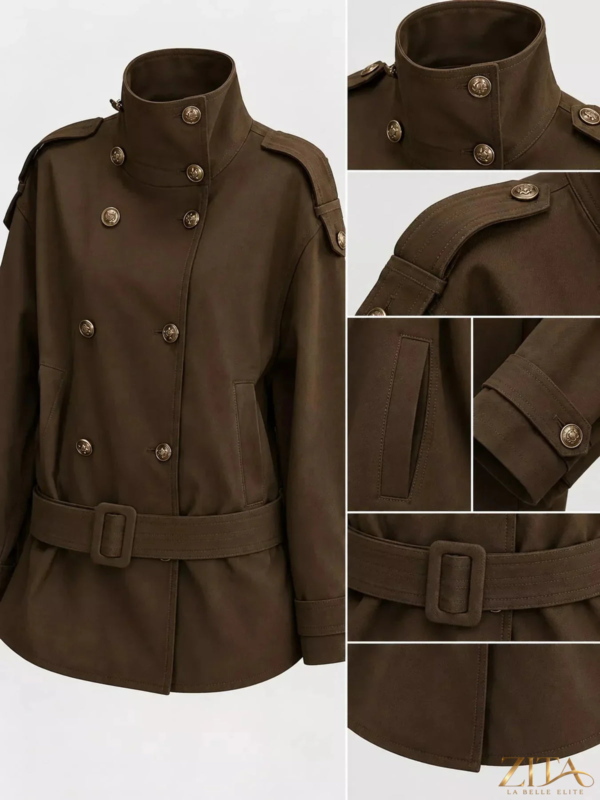 Zita La Belle Elite double-breasted turtleneck trench coat, stylish outerwear in neutral color with classic design and button details