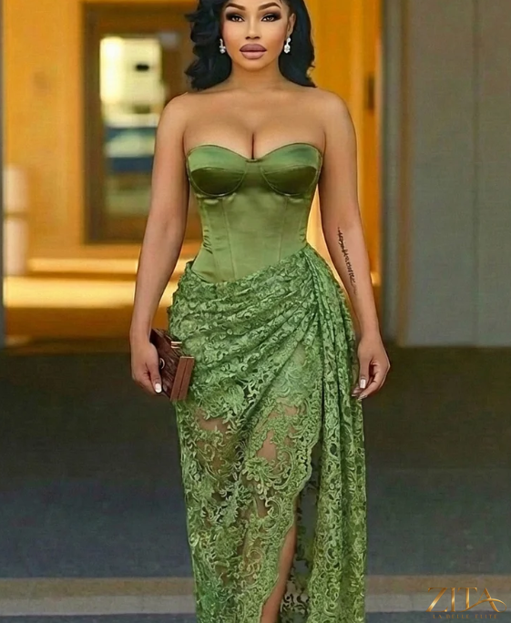 Green strapless lace patchwork maxi dress by Zita La Belle Elite, featuring a cinch waist and elegant party style.