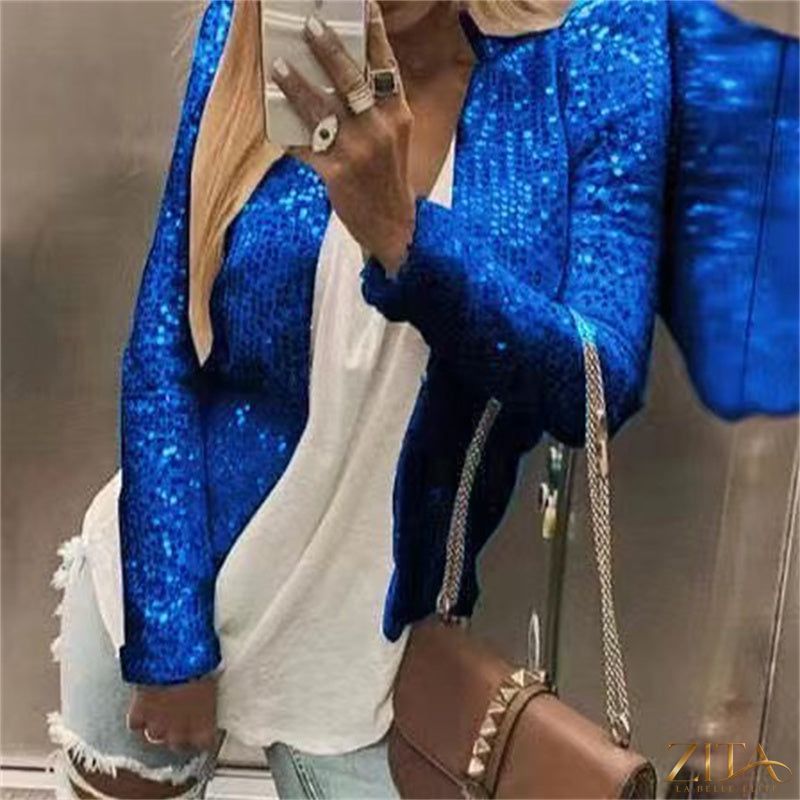 Women's colorblock sequin short jacket by Zita La Belle Elite featuring casual glam style and vibrant sequin details.