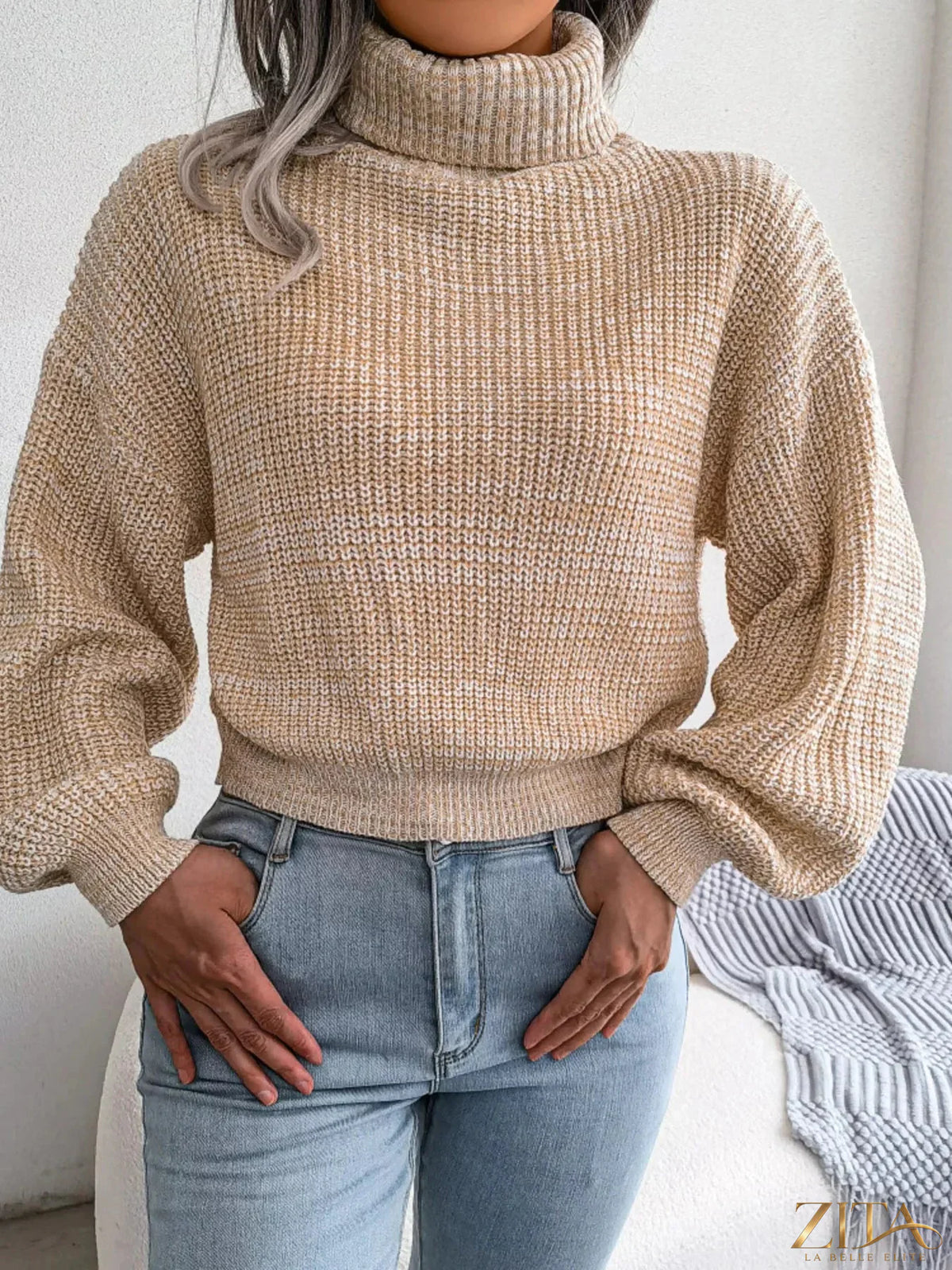 Cream turtleneck dropped shoulder sweater by Trendsi, featuring a cozy knit fabric and relaxed fit.