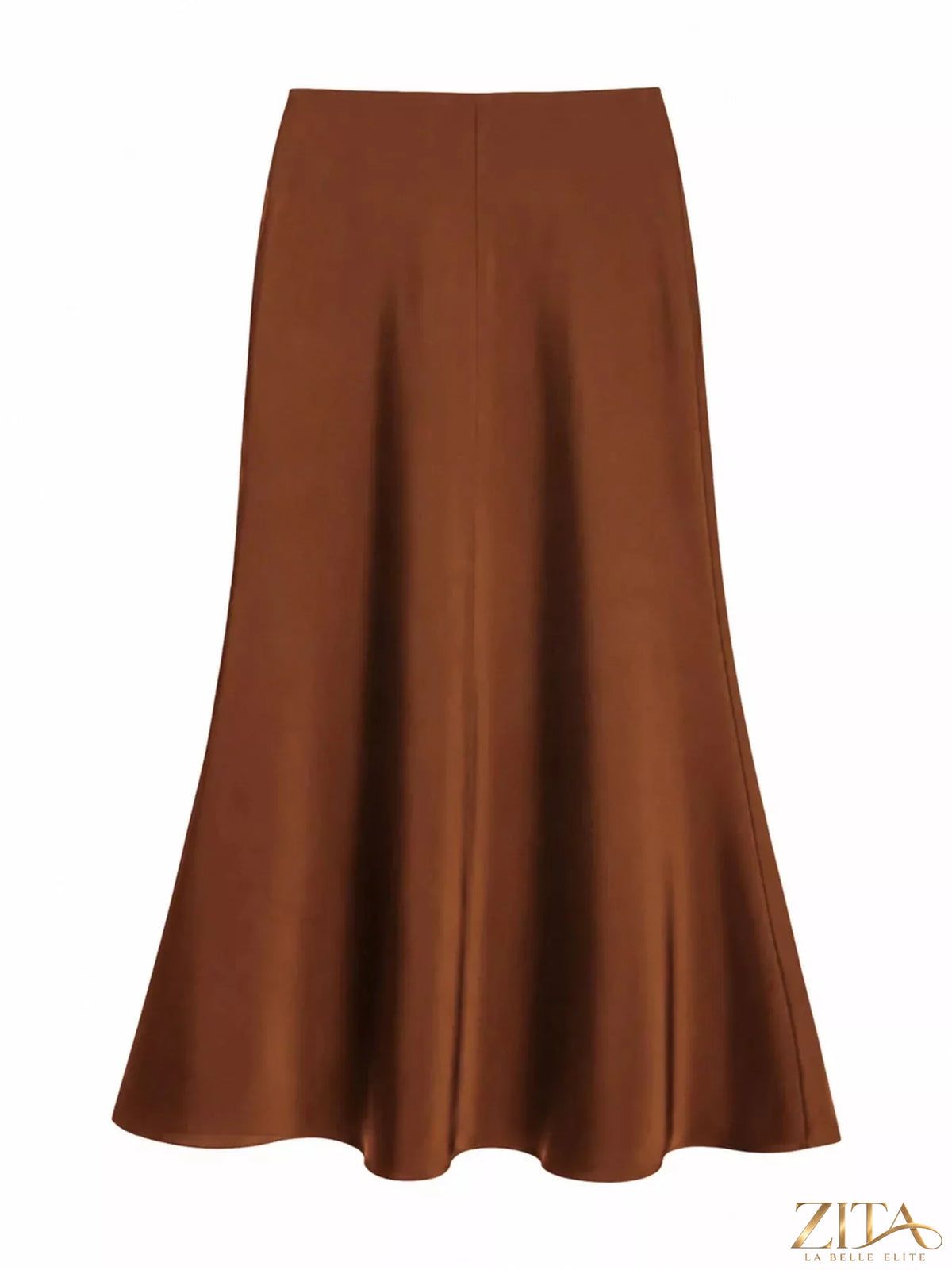 Plus size high-waisted satin midi skirt from Trendsi featuring a smooth, shiny fabric and a full-length design.
