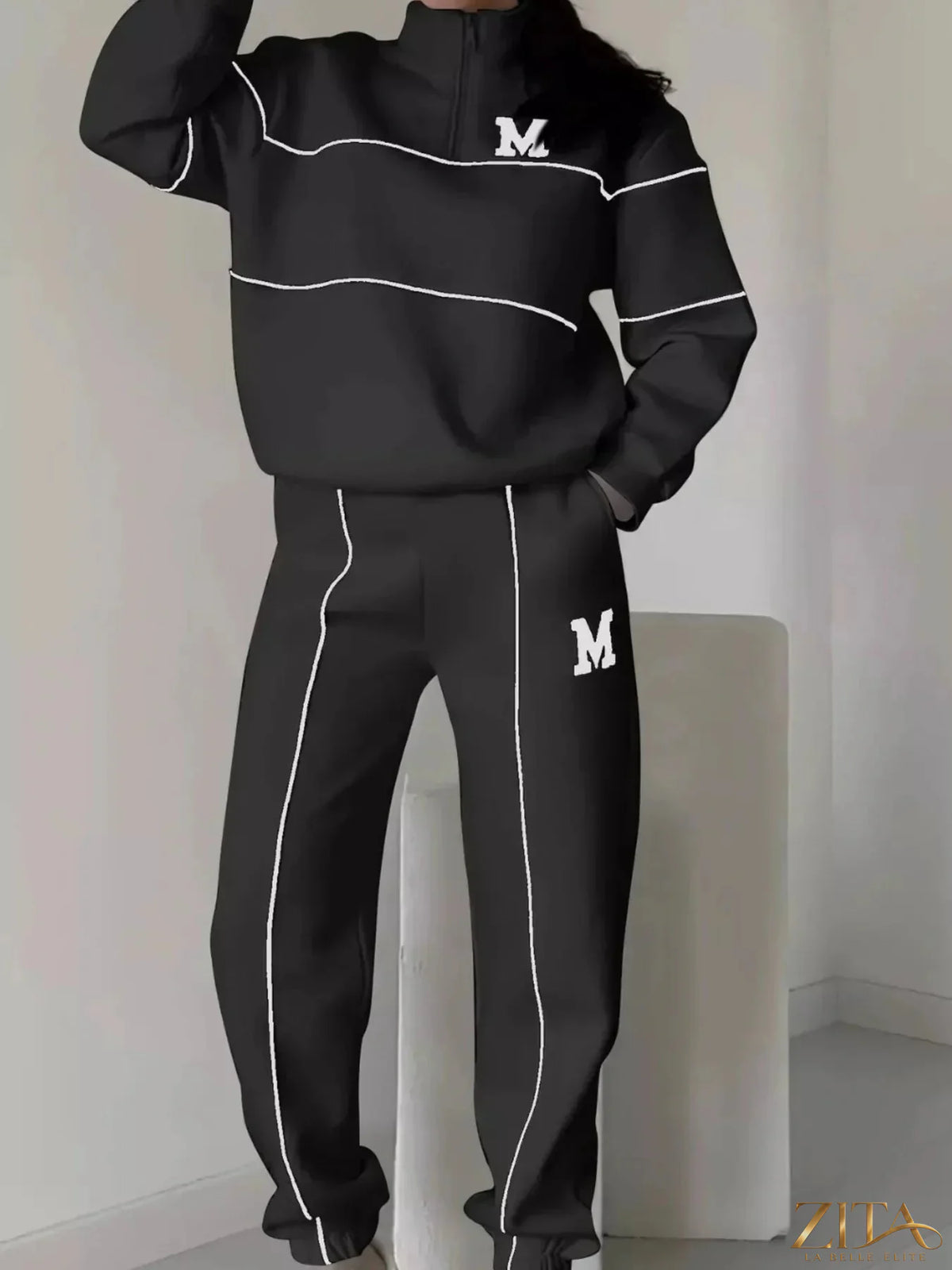 Plus size Zita La Belle Elite striped quarter zip top and matching pants set, full size, casual loungewear, front view