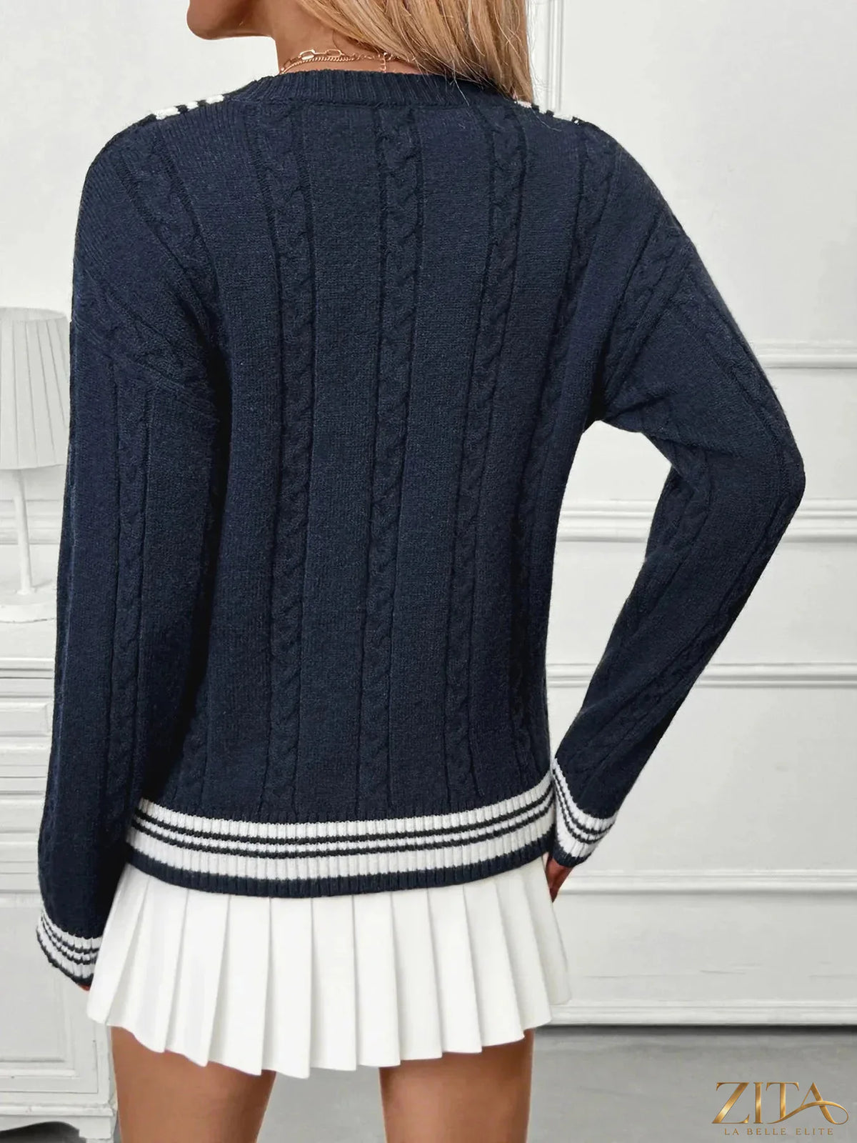 Zita La Belle Elite contrast striped V-neck sweater in navy and white, featuring a cozy knit and stylish design.