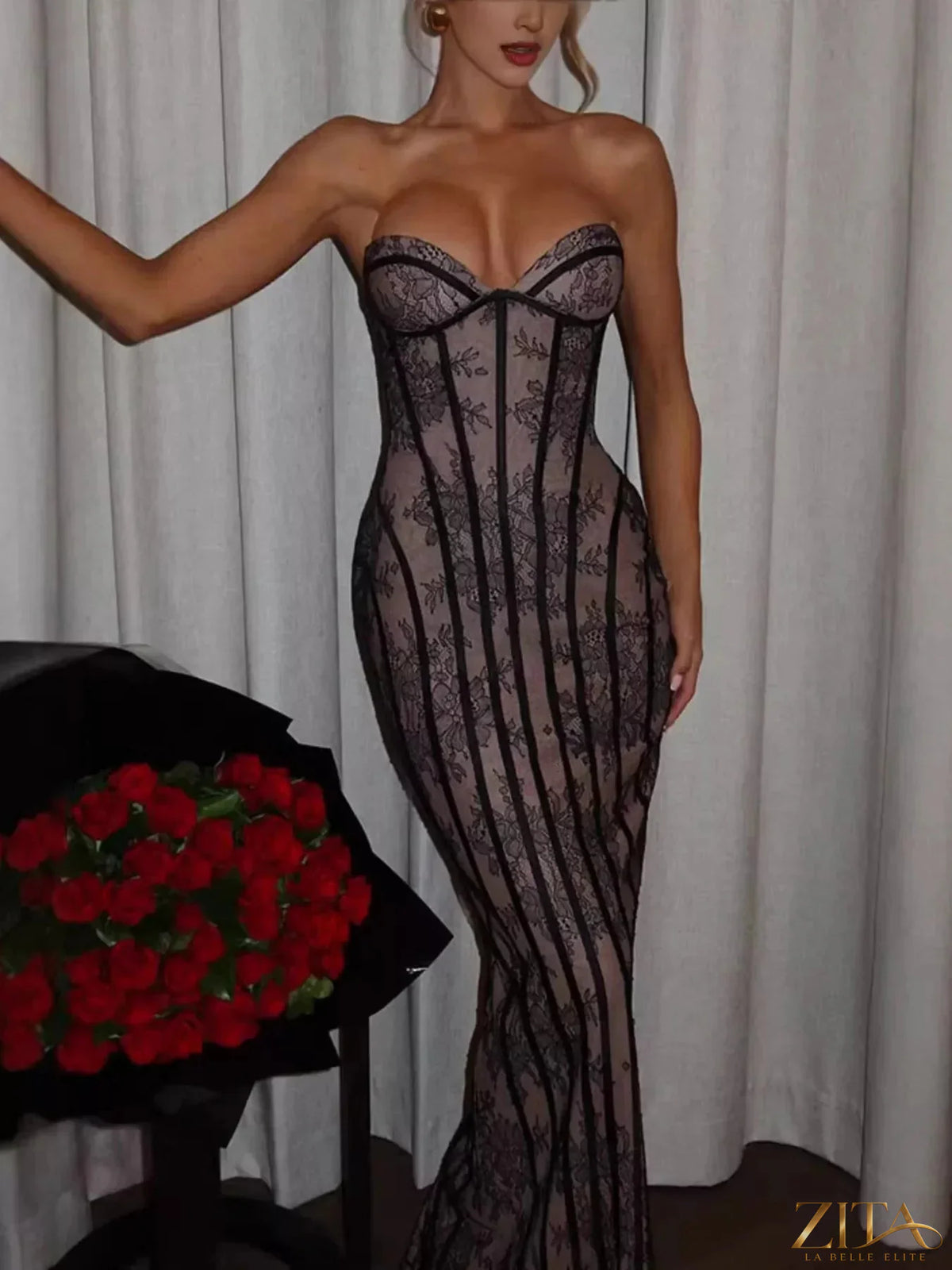 Zita La Belle Elite lace-up back strapless maxi dress, elegant long dress with a fitted bodice and flowing skirt.