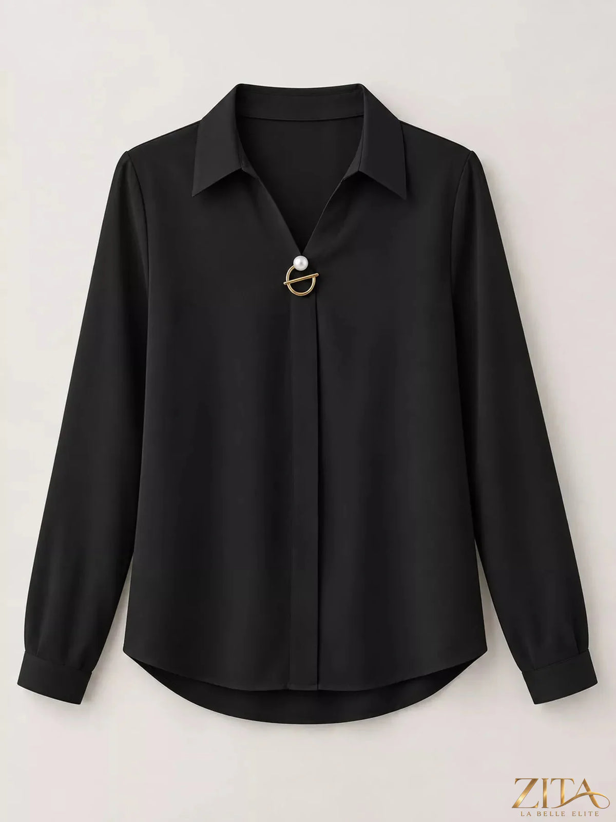 Zita La Belle Elite long sleeve satin blouse with a smooth, shiny fabric, tailored fit, and elegant collar detail.