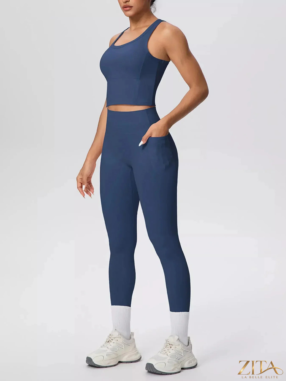 Zita La Belle Elite scoop neck tank top and high-waisted leggings active set, black athletic wear for workout or casual wear