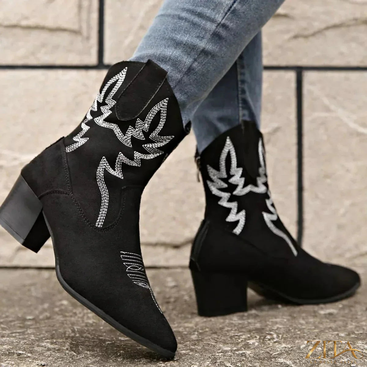 Zita La Belle Elite point toe block heel boots with sleek leather finish and stylish silhouette, perfect for fashionable footwear.