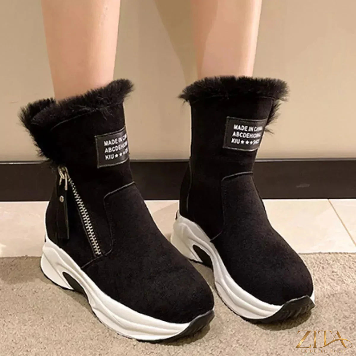 Black Zita La Belle Elite side zipper platform boots with chunky heels and lace-up design, stylish footwear for edgy fashion.
