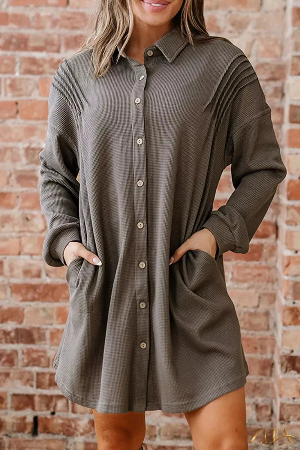 Zita La Belle Elite casual button-down dress with pockets, lightweight fabric, and short sleeves, perfect for everyday wear.