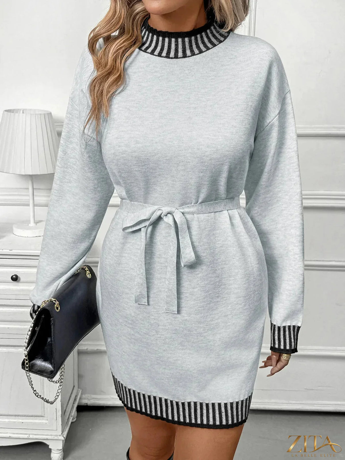 Zita La Belle Elite striped trim tie waist sweater dress with long sleeves and ribbed hem, styled for casual wear.