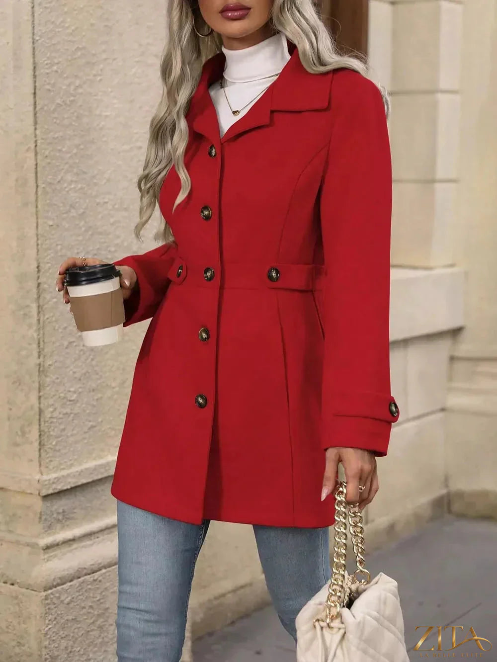 Zita La Belle Elite collared neck button-up coat in neutral fabric, shown on a hanger with front view.