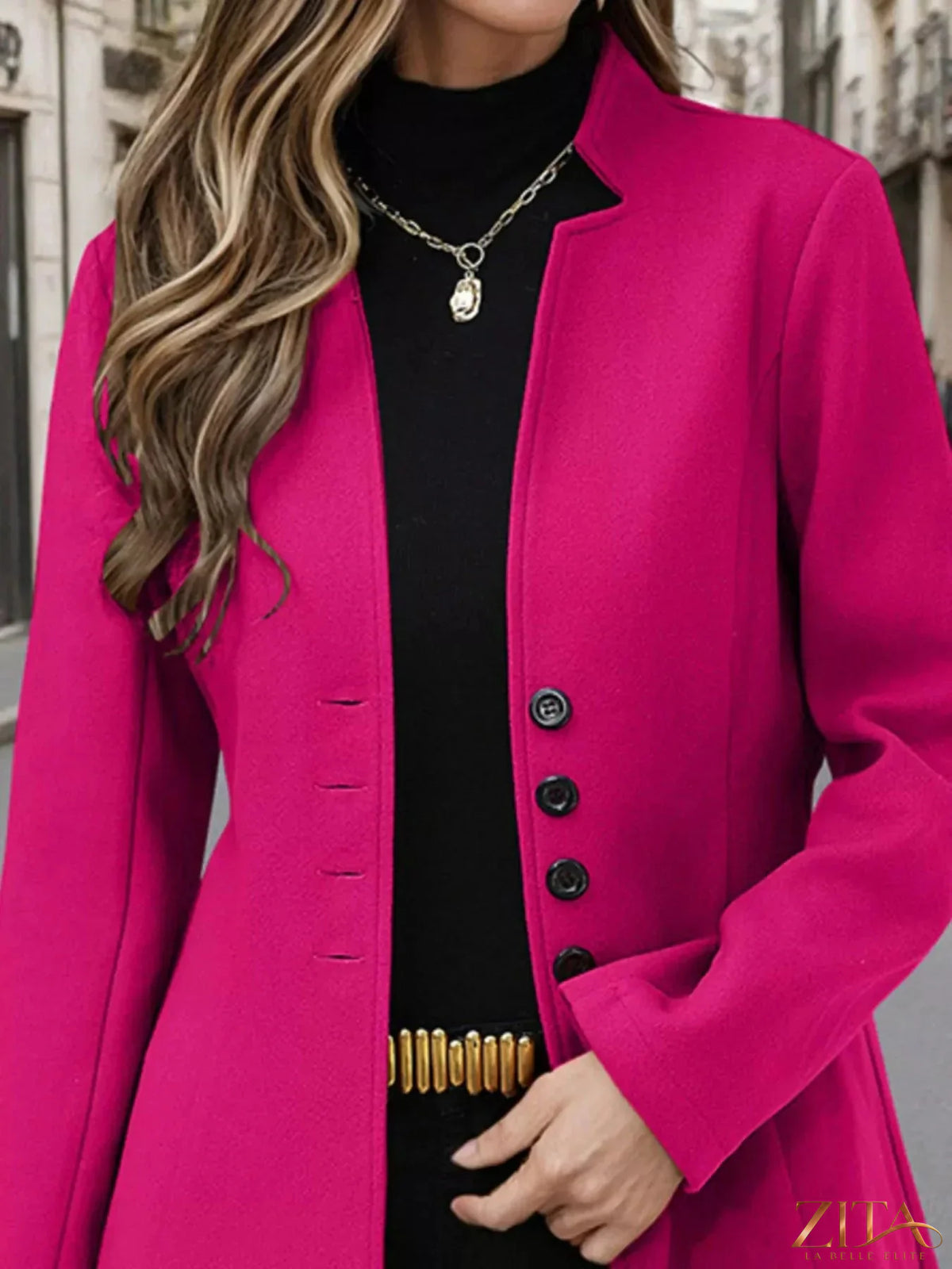 Zita La Belle Elite button-up long sleeve coat in neutral fabric, featuring a classic collar and front buttons.