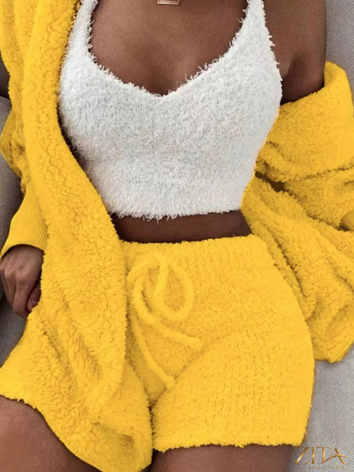 Plus size fuzzy plush cardigan and lounge set by Zita La Belle Elite, featuring soft, cozy fabric and relaxed fit.