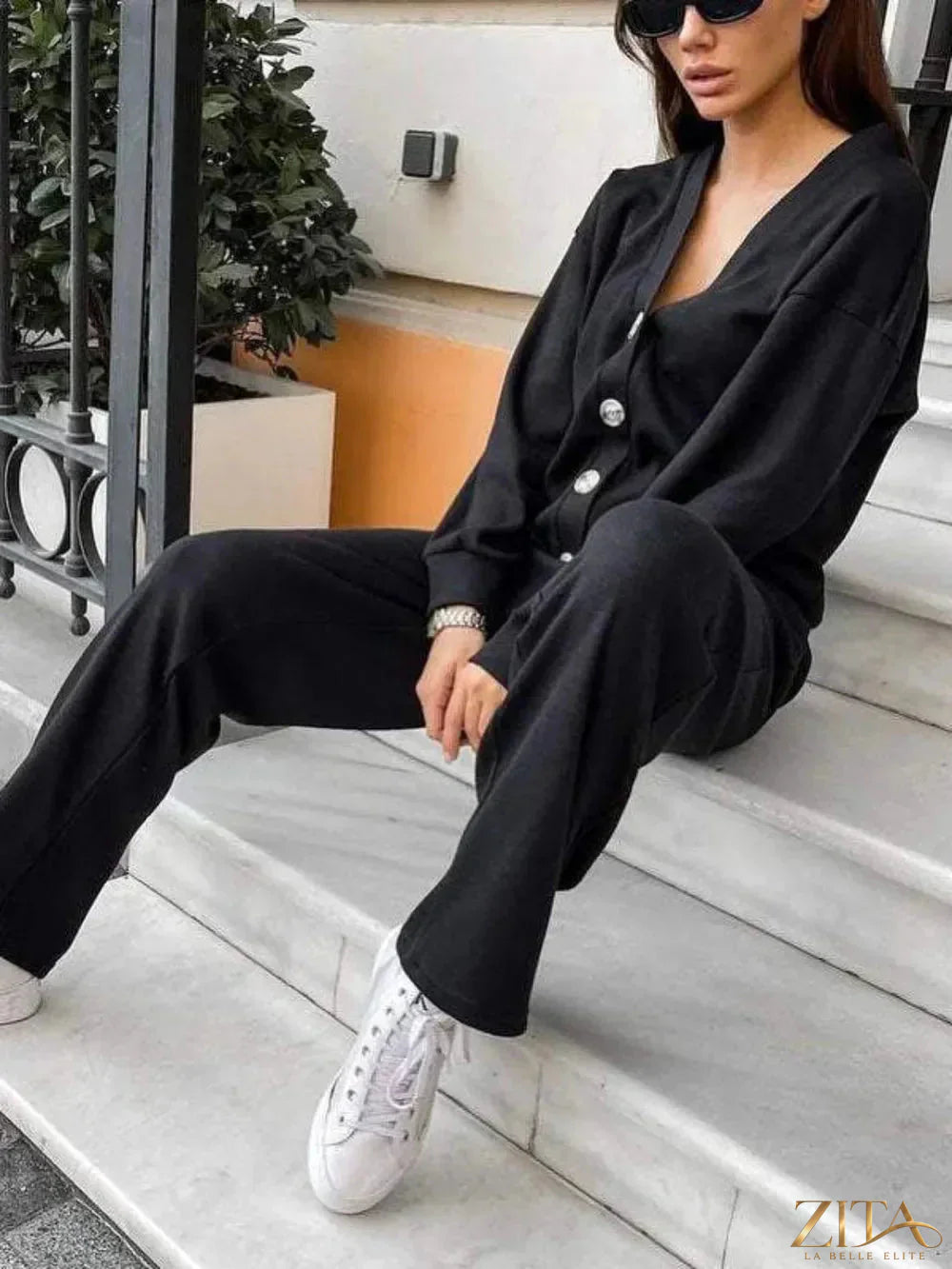 Zita La Belle Elite full size button-up long sleeve top and pants set, shown in a stylish, coordinated outfit on a model.