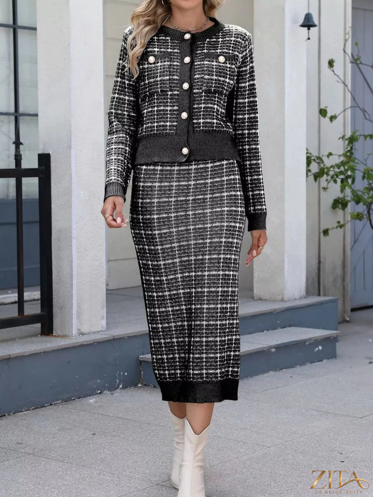 Zita La Belle Elite plaid knit cardigan and midi skirt sweater set displayed on a model, featuring a cozy, stylish matching ensemble.