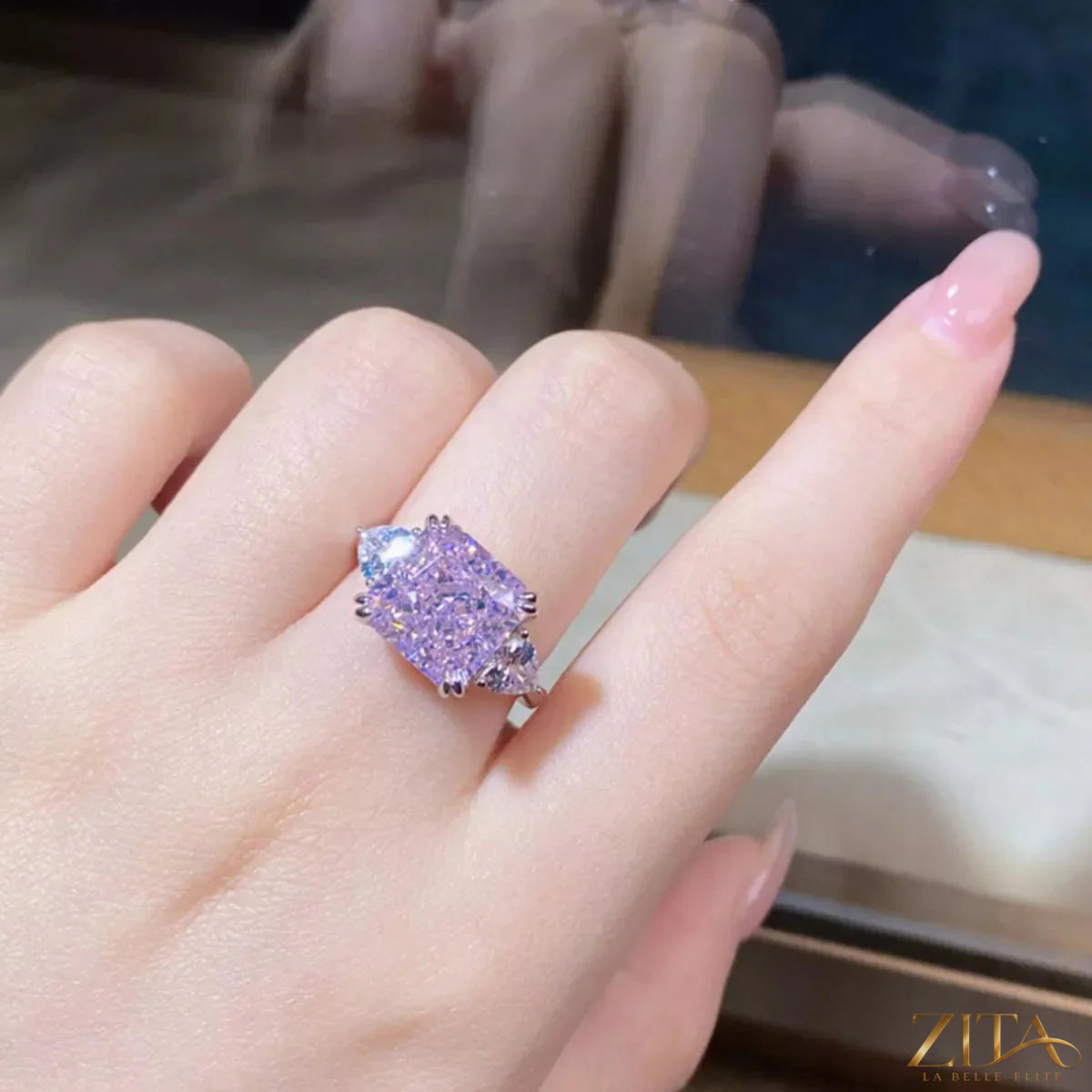 925 Sterling Silver Zircon Geometric Ring with sleek modern design and sparkling zircon stones, displayed on a neutral background