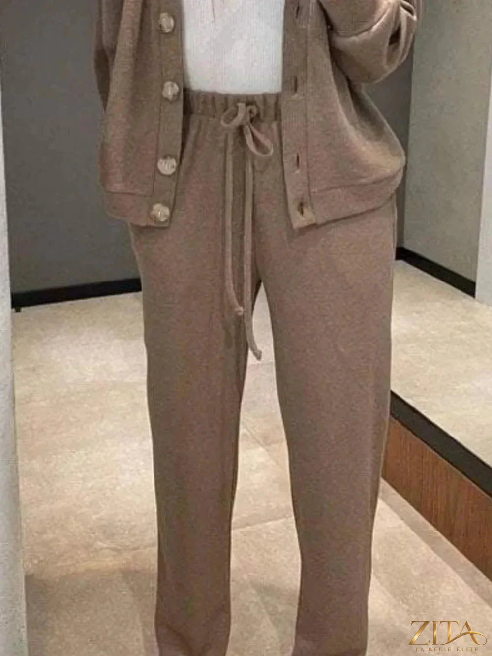 Zita La Belle Elite full size button-up long sleeve top and pants set, shown in a coordinated fabric in natural pose.