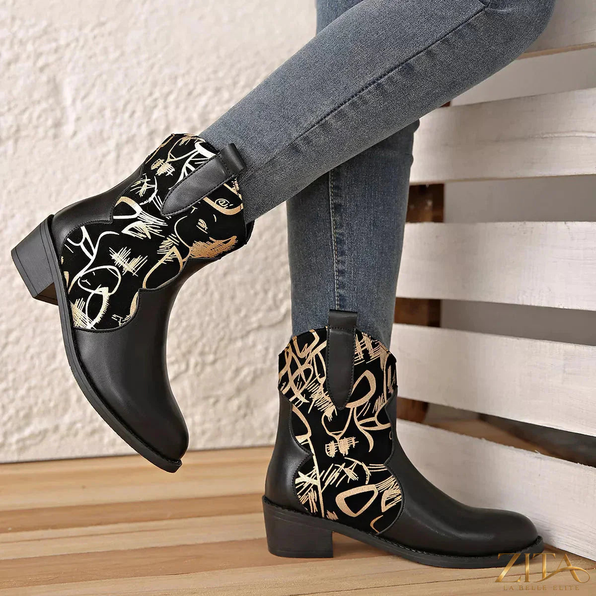 Point toe black block heel boots by Zita La Belle Elite with sleek design and sturdy heels, perfect for stylish footwear.