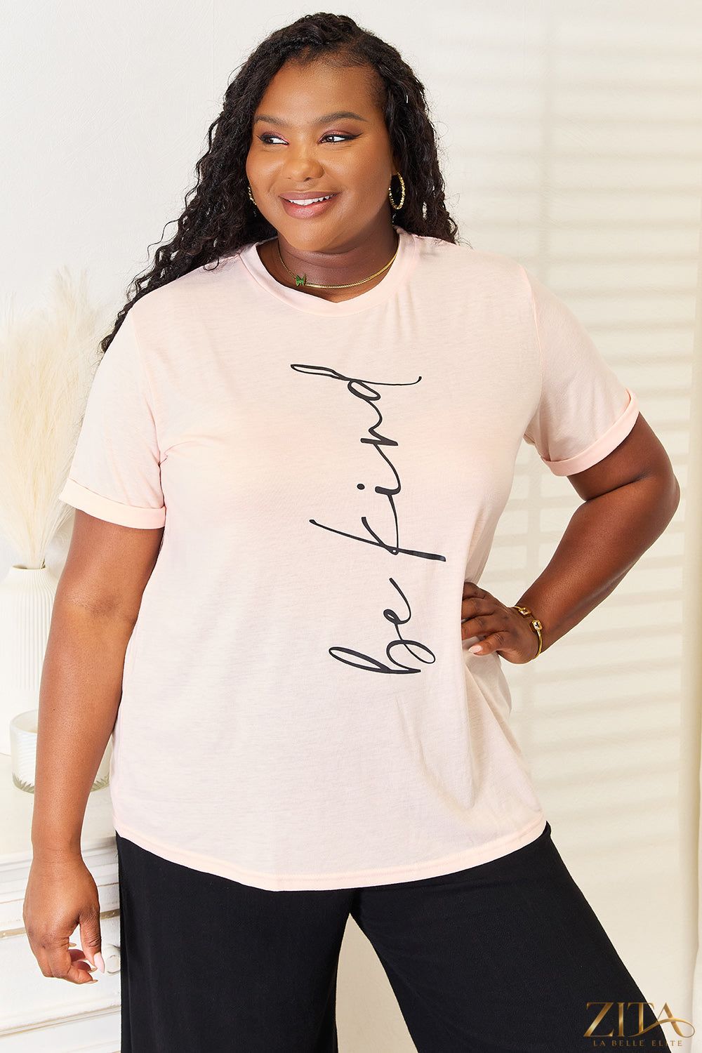 Zita La Belle Elite Simply Love BE KIND graphic round neck T-shirt with positive message and stylish design.