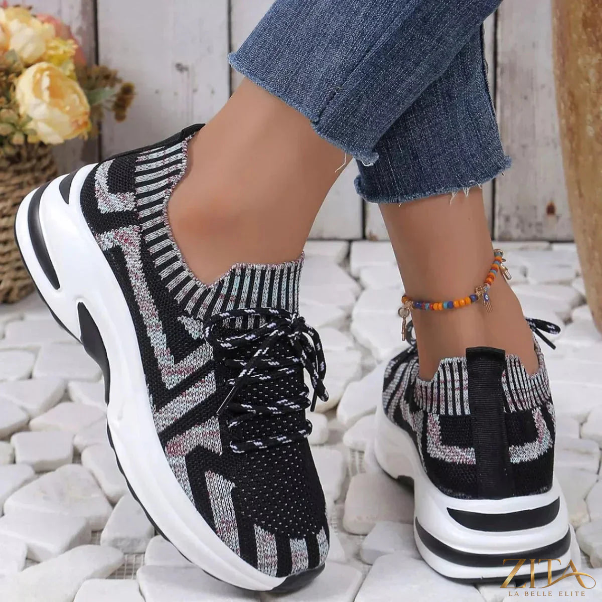 Zita La Belle Elite round toe platform sneakers with white laces and chunky sole, stylish and trendy footwear for casual wear.