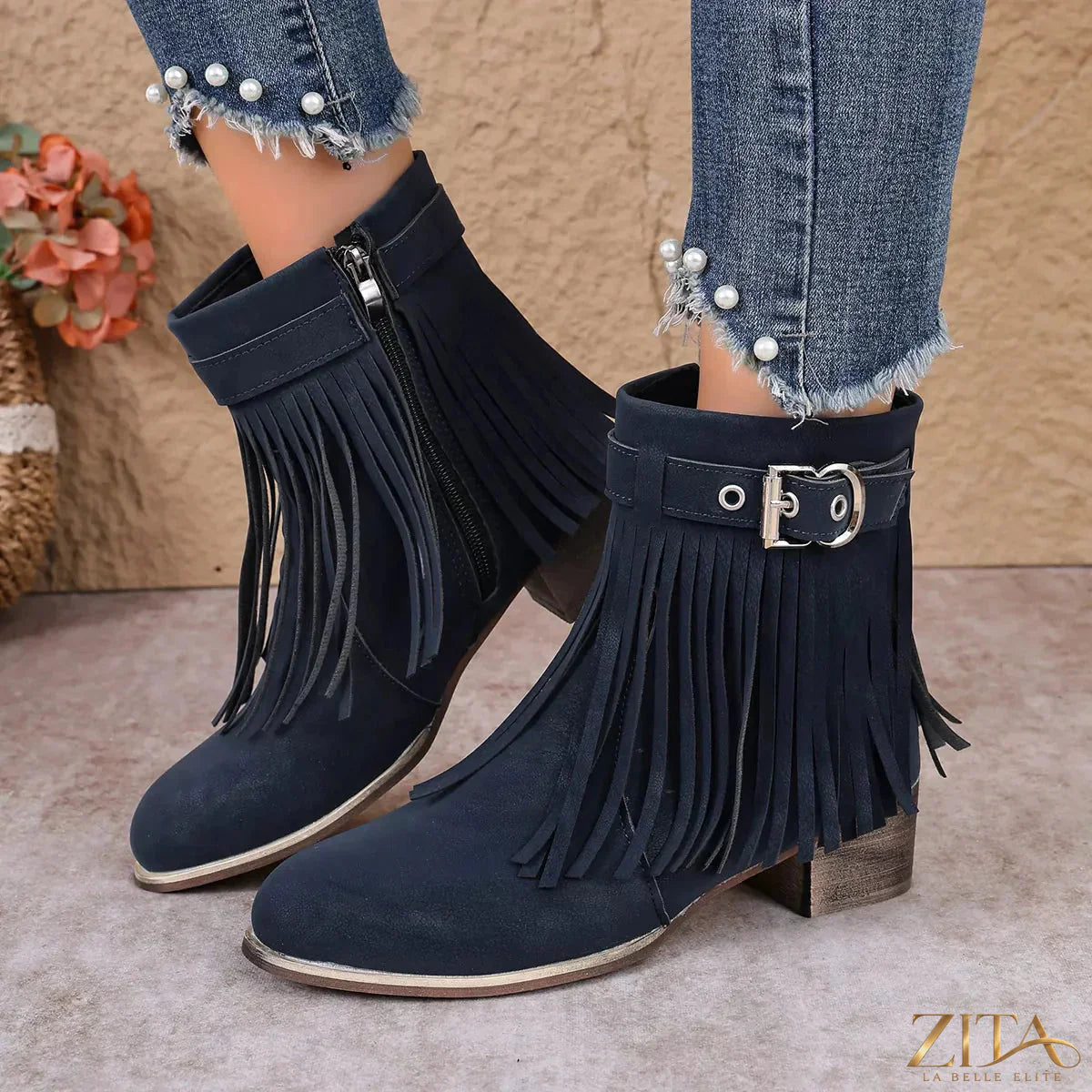 Zita La Belle Elite fringe ankle boots with buckle detail, showcasing stylish leather design and decorative ankle buckles.