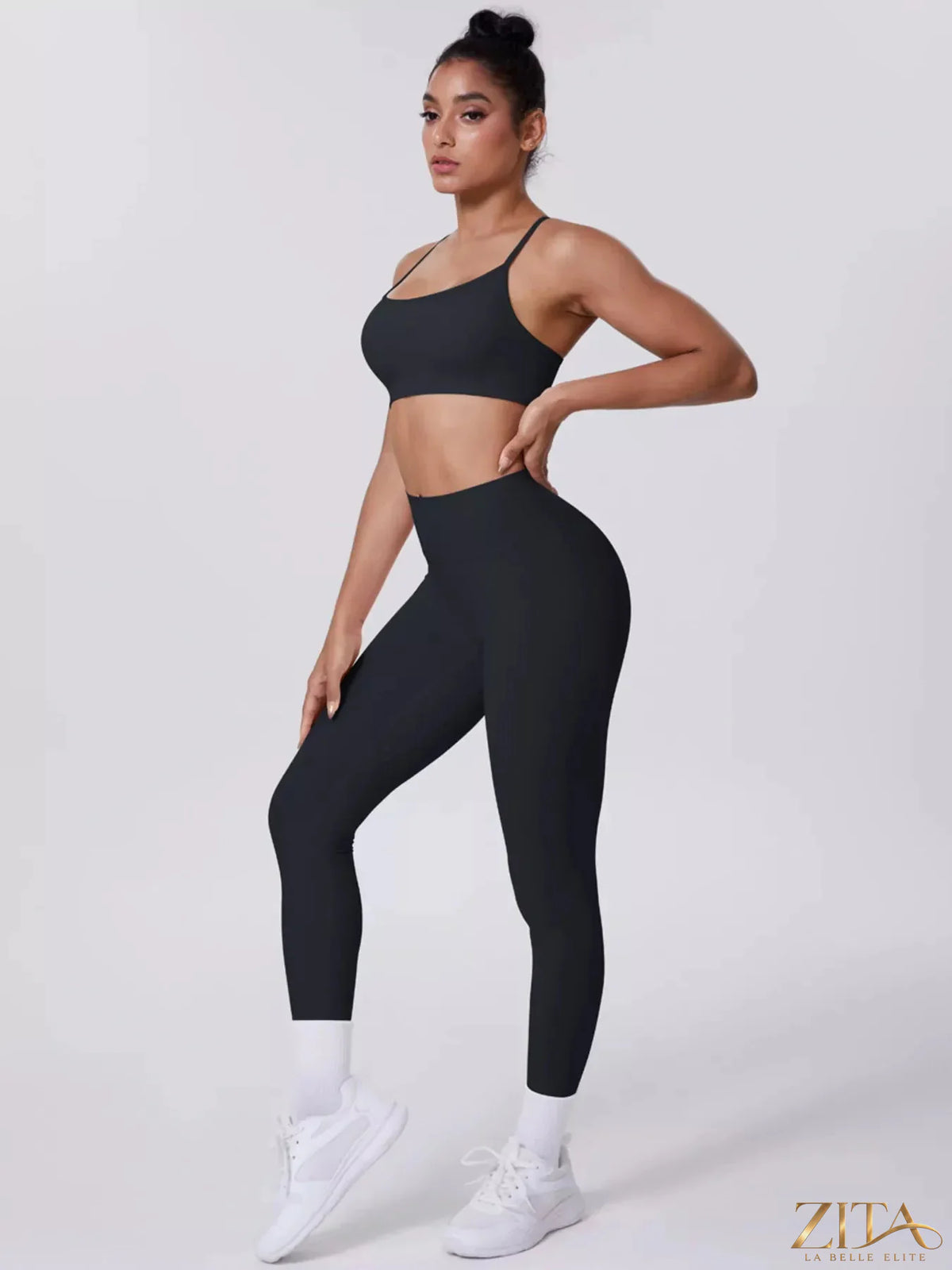 Zita La Belle Elite criss-cross back cami top and matching leggings active set, black stretch fabric, perfect for workout or yoga.