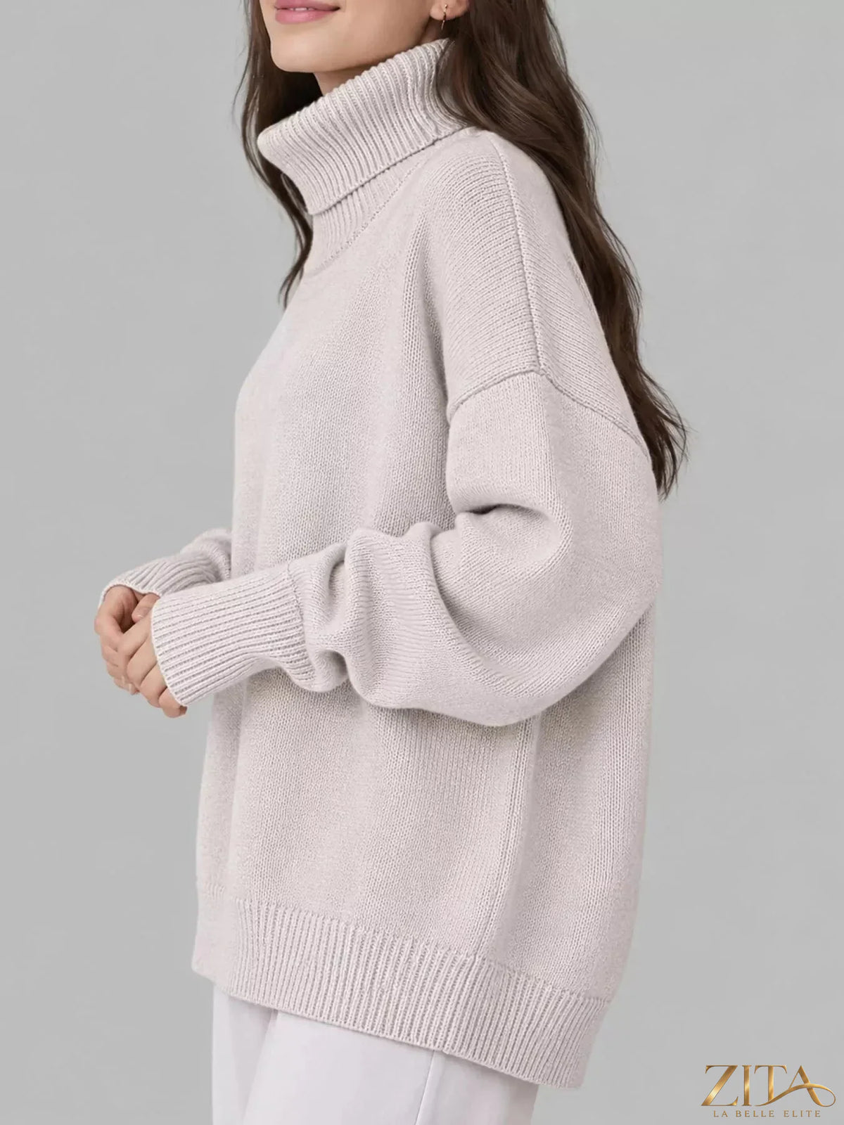 Zita La Belle Elite turtleneck dropped shoulder sweater in cozy knit fabric, featuring a relaxed fit and stylish design.
