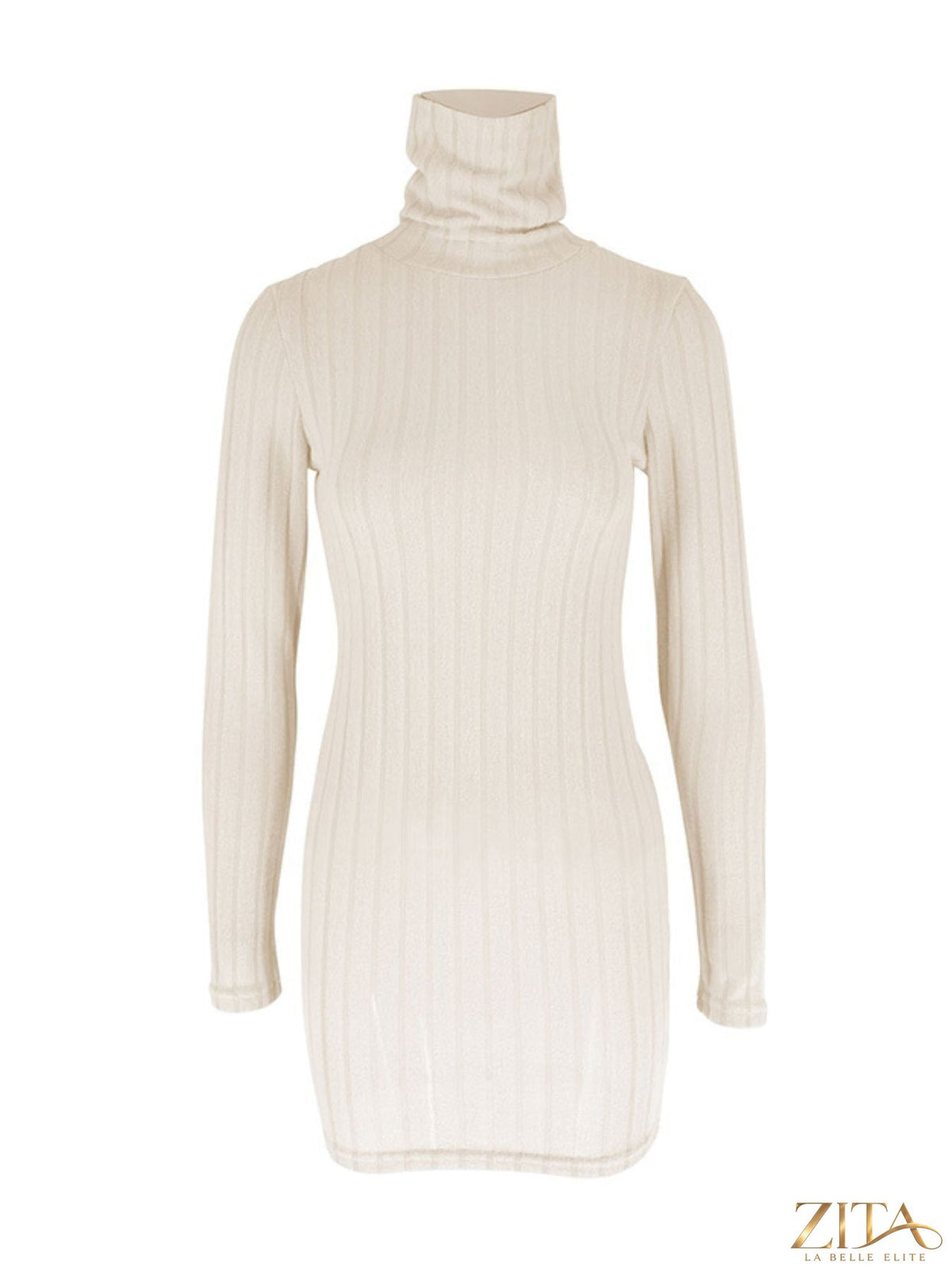 Ribbed black turtleneck bodycon mini dress by Trendsi, close-up of fitted fabric and high neckline on model.