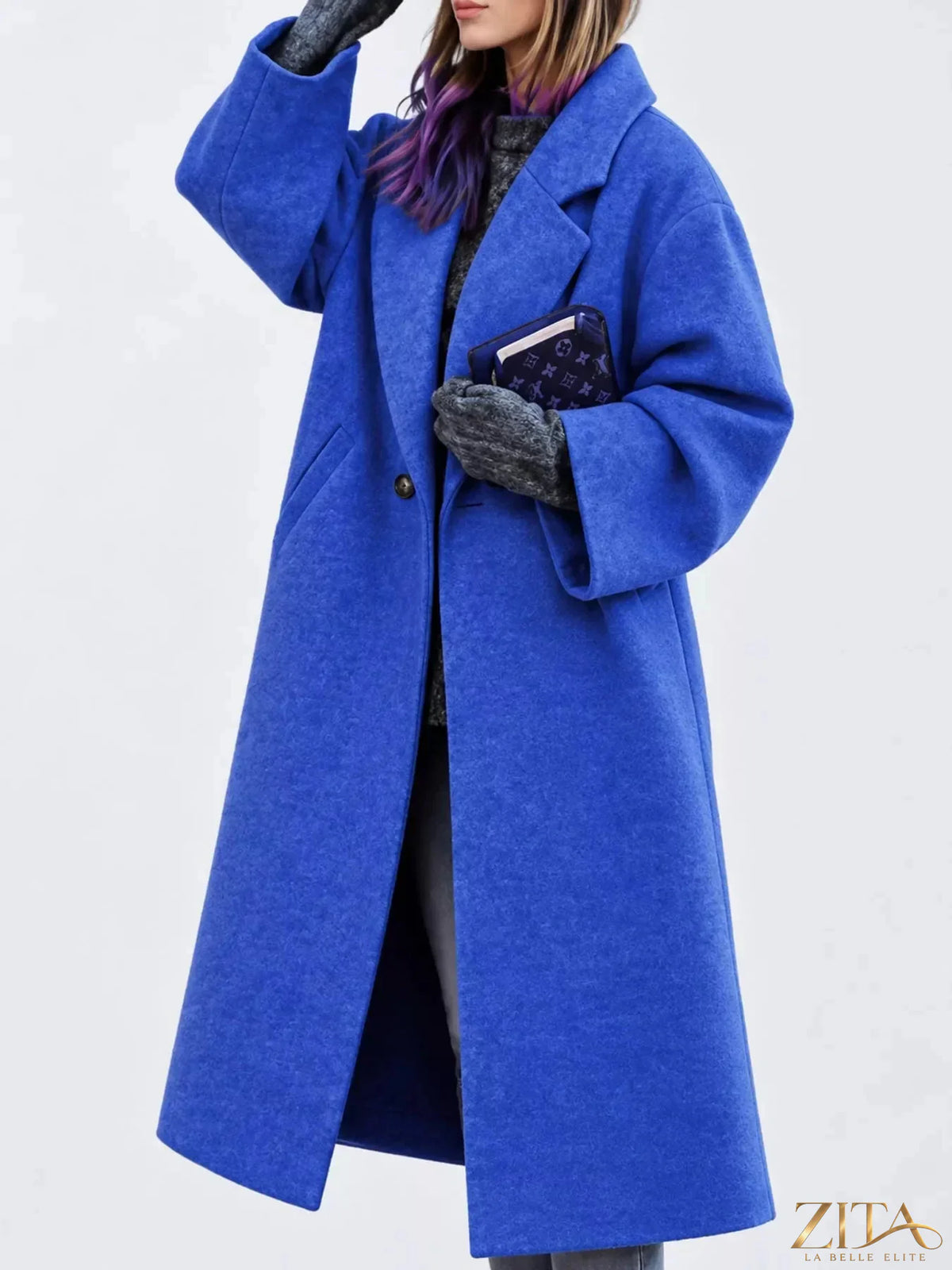 Plus size Zita La Belle Elite coat featuring a lapel collar and single button closure, shown in a full size fitting style.