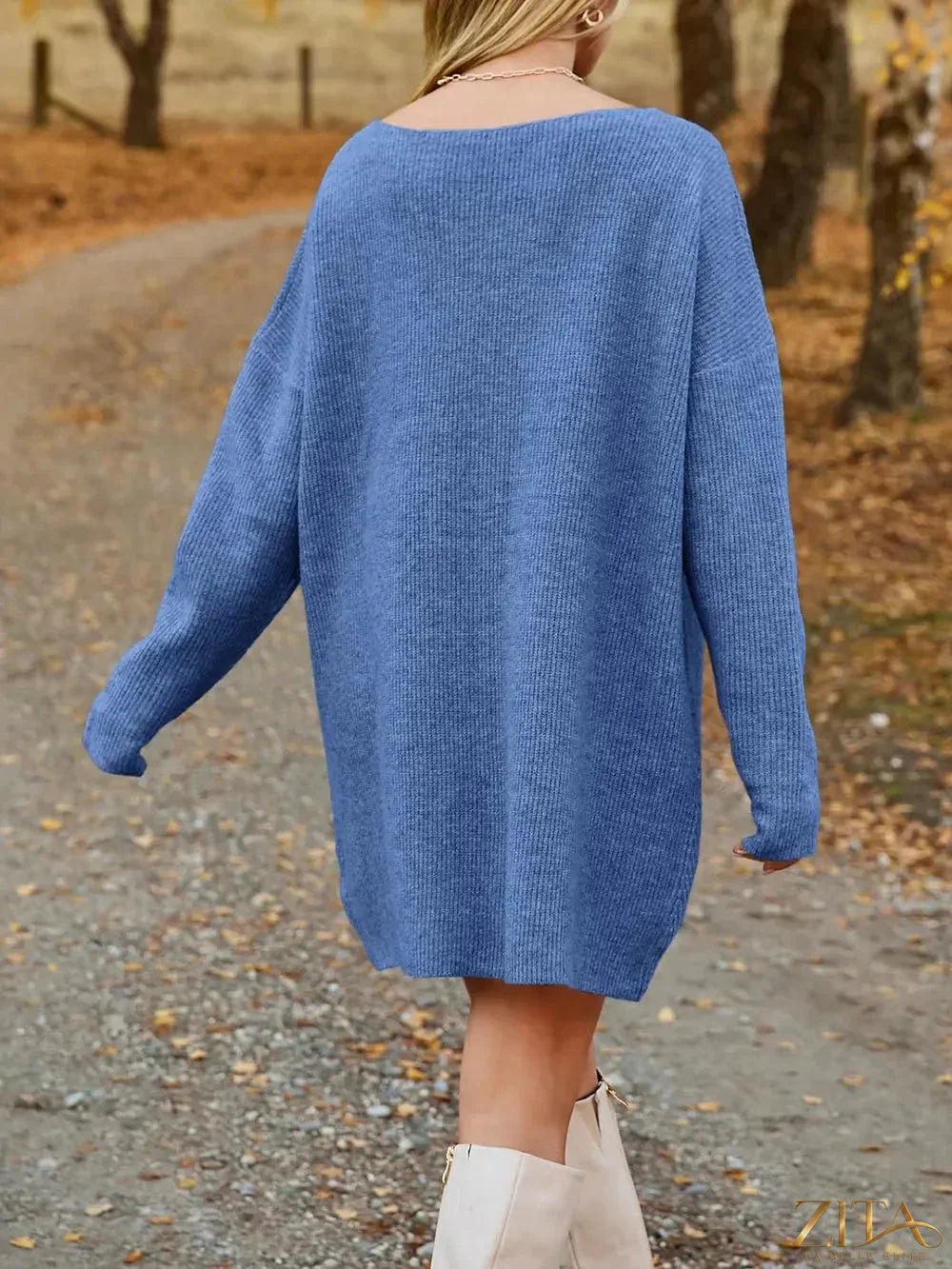 Zita La Belle Elite V-neck dropped shoulder sweater dress in soft knit fabric, stylish and comfortable for casual wear