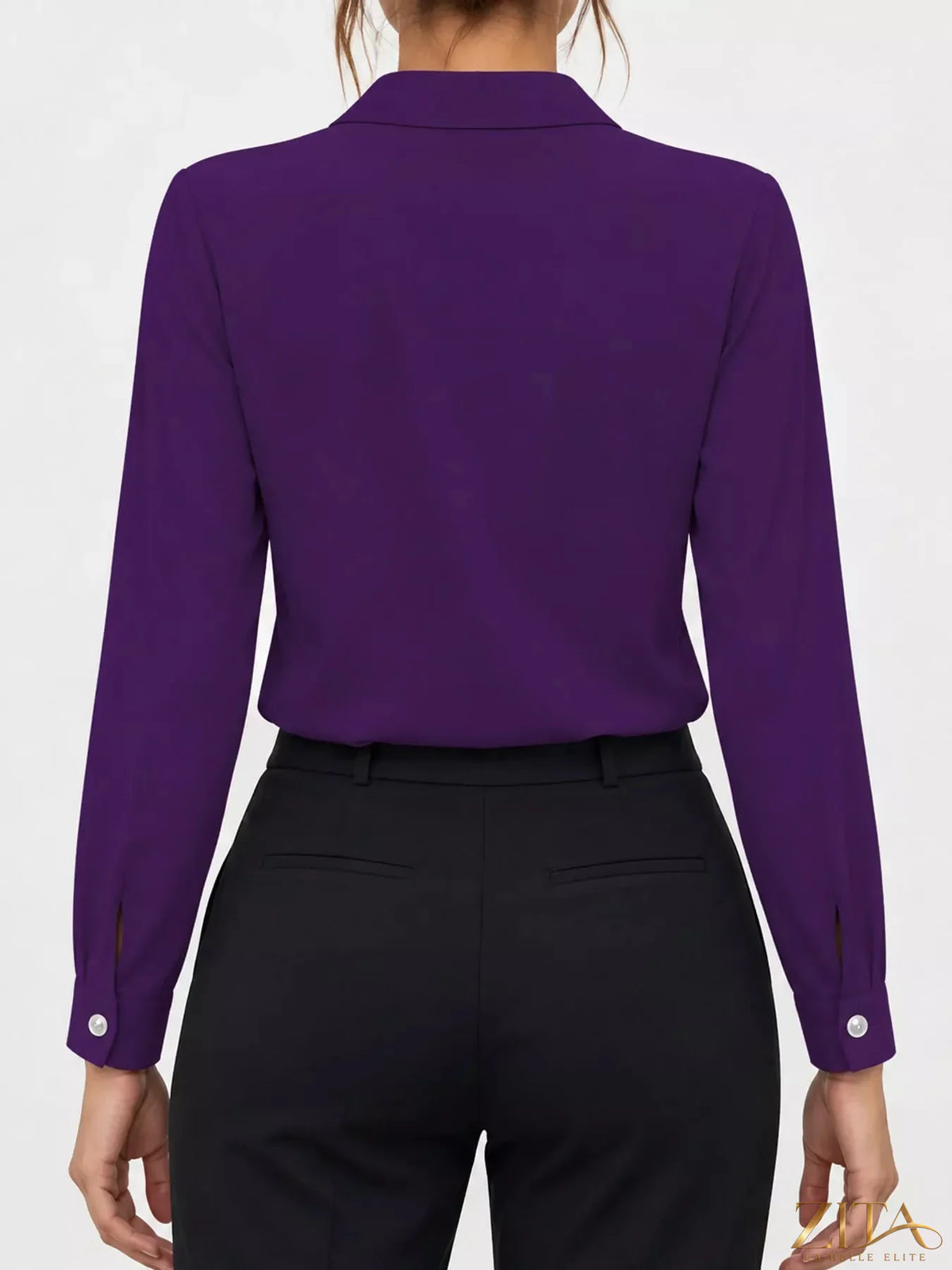 Zita La Belle Elite long sleeve satin blouse with elegant design and smooth fabric, displayed on a white background.