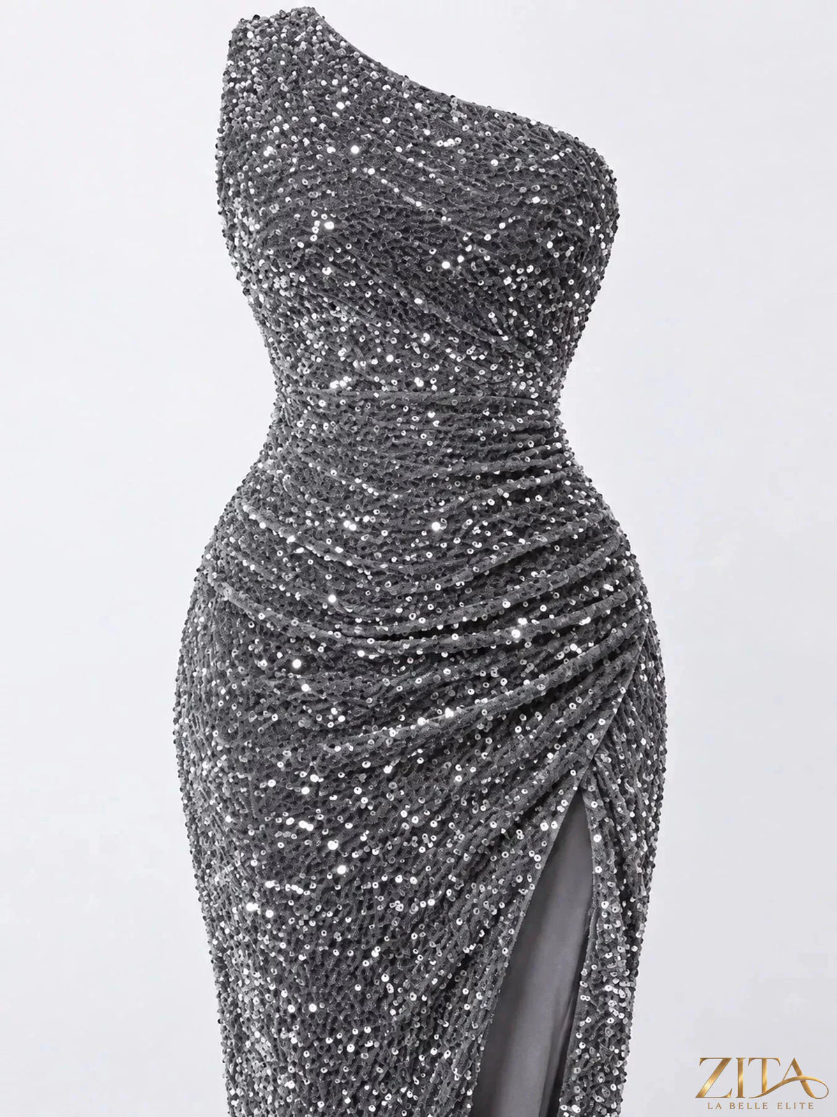 Zita La Belle Elite one-shoulder ruched sequin evening dress with high slit, elegant and glamorous for formal events.