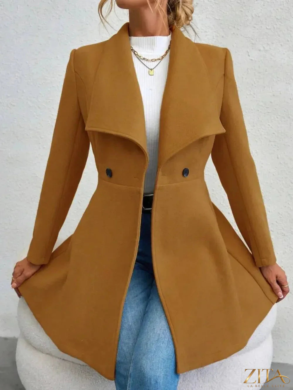 Zita La Belle Elite long sleeve coat with a collared neck and button-up front, shown in a stylish, fitted design.