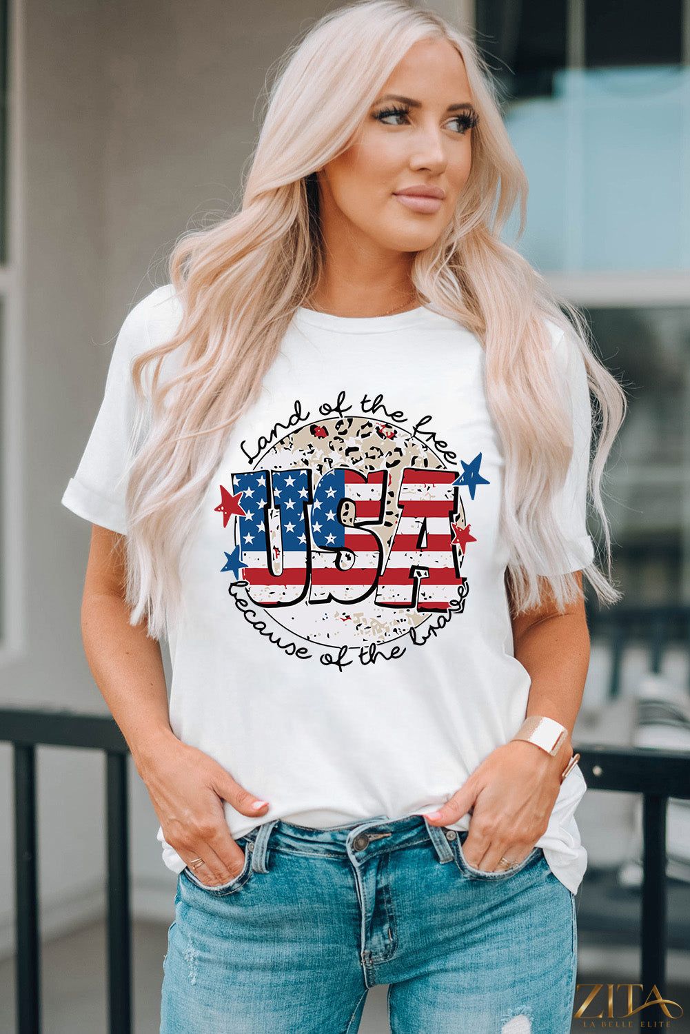 USA graphic round neck T-shirt by Trendsi featuring a bold patriotic design on a casual cotton tee.