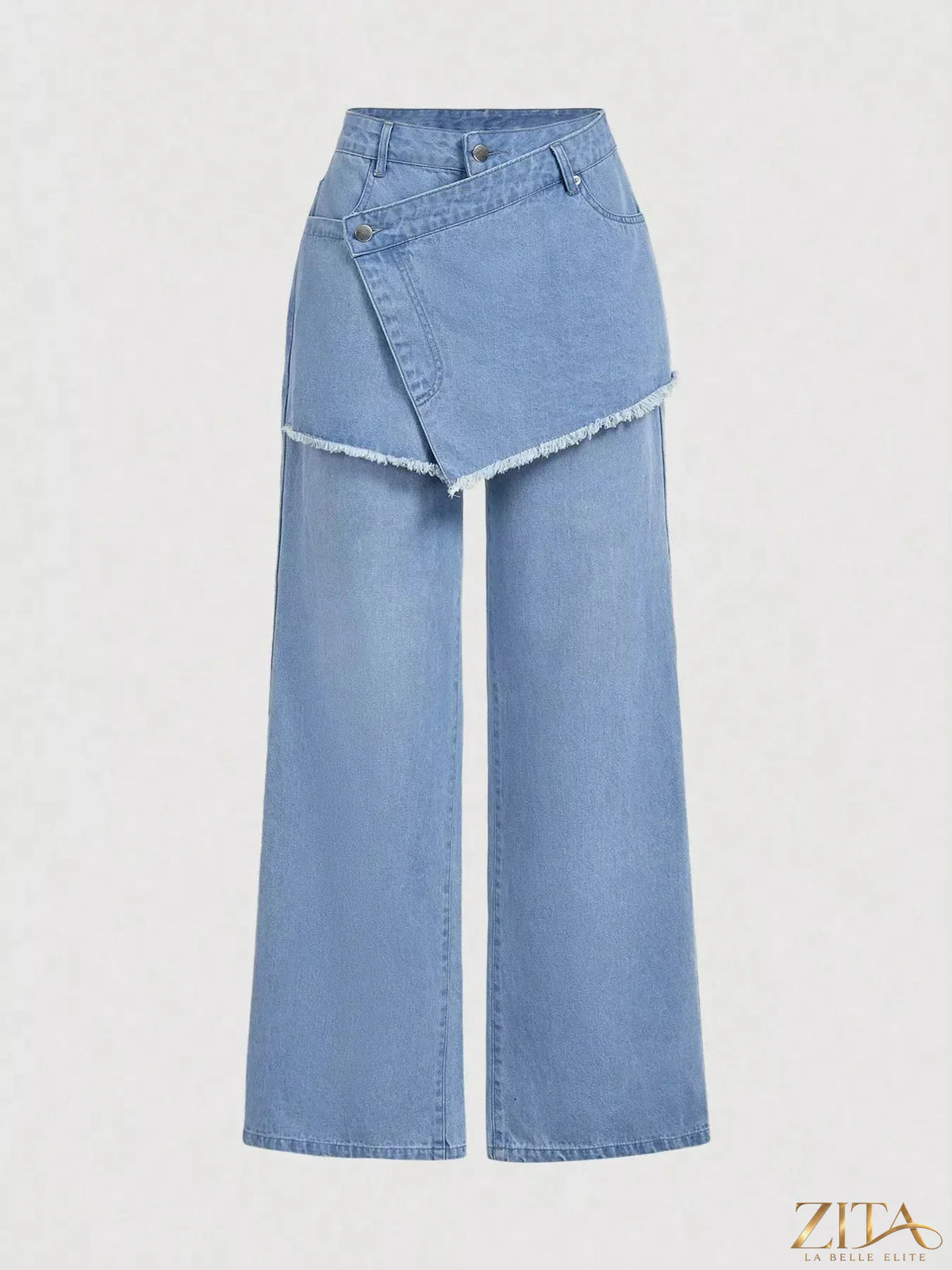 Zita La Belle Elite asymmetric raw hem wide-leg jeans featuring a relaxed fit and distressed detailing.