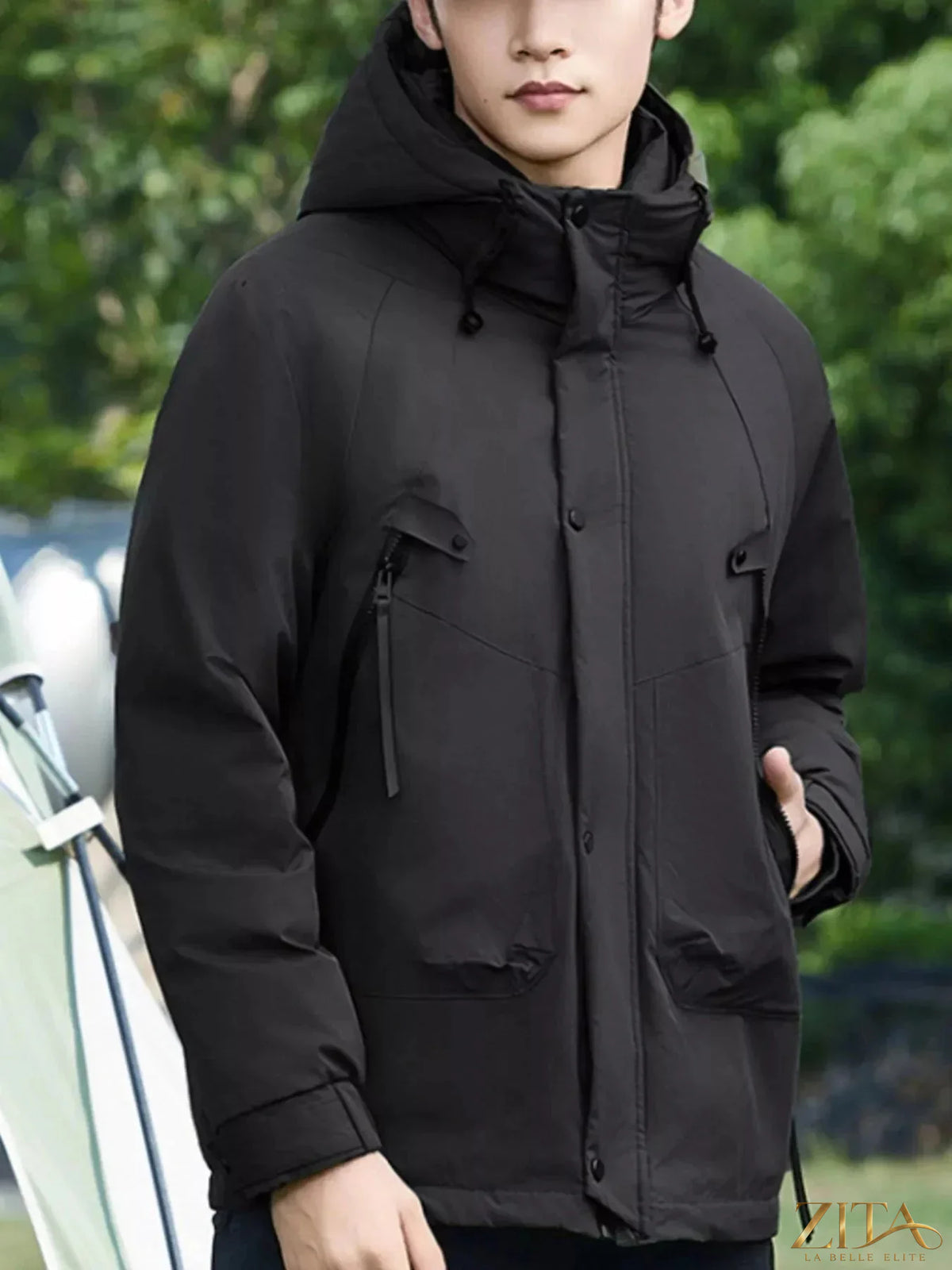 Men's plus size hooded snap down jacket by Zita La Belle Elite, featuring a front zipper, snap buttons, and a comfortable fit.