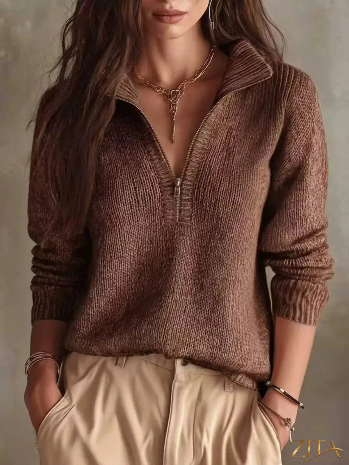 Zita La Belle Elite half zip dropped shoulder sweater in soft knit fabric, showcasing a stylish collar and relaxed fit.