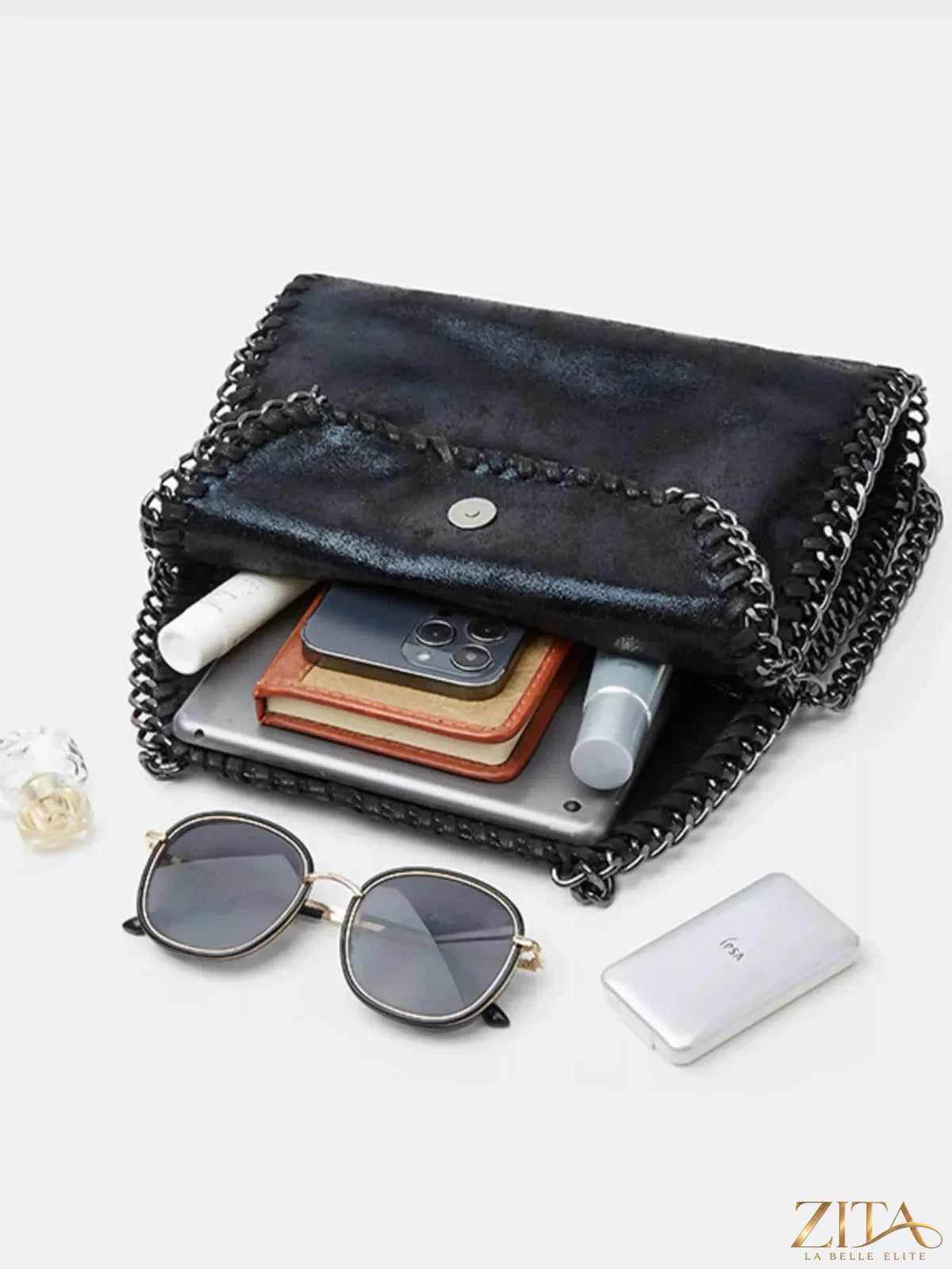 Zita La Belle Elite chain strap slouchy crossbody bag with a soft, relaxed design and metallic chain detail.