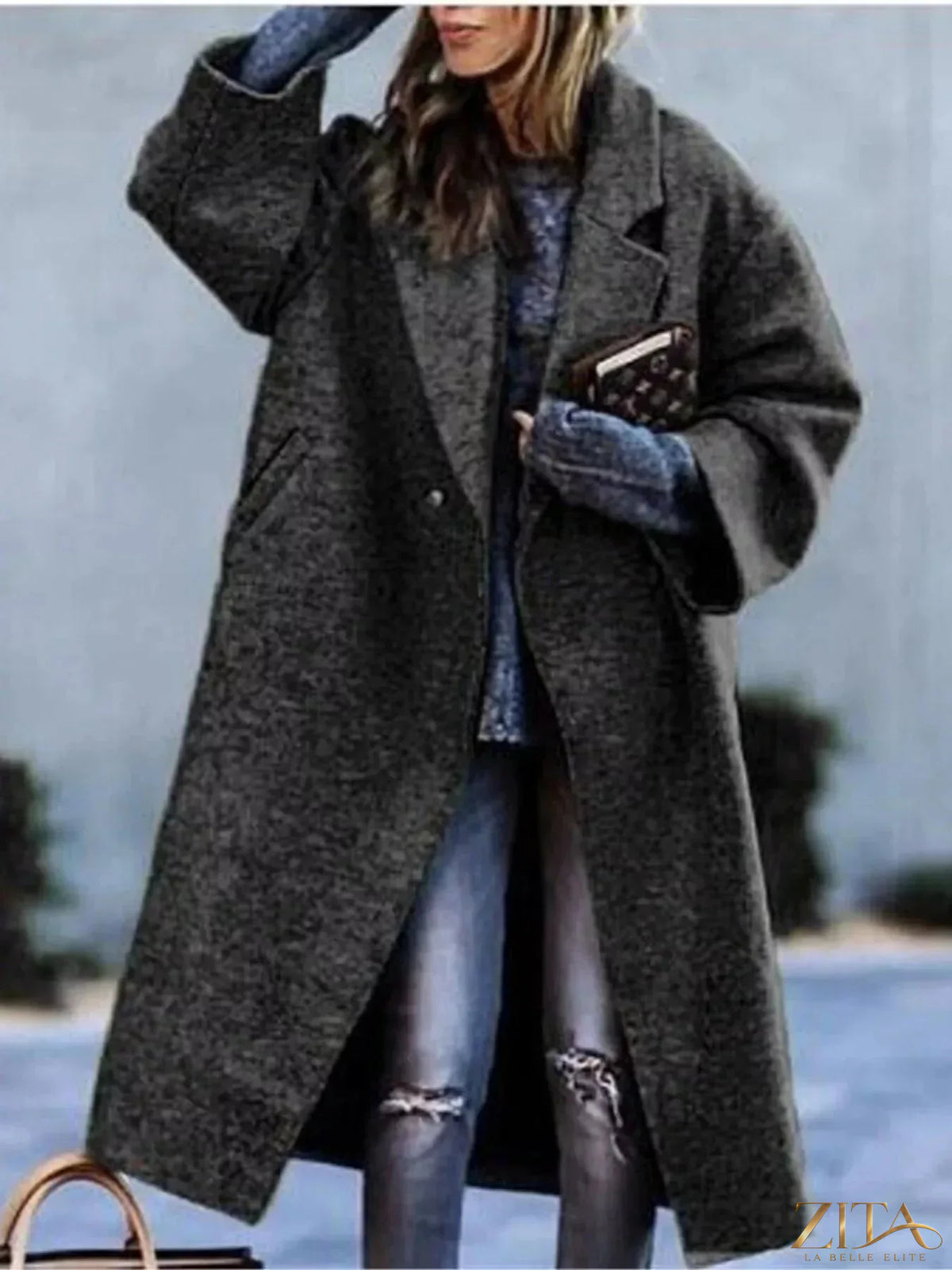 Plus size Zita La Belle Elite full size coat with lapel collar and single button closure, shown in a natural pose.
