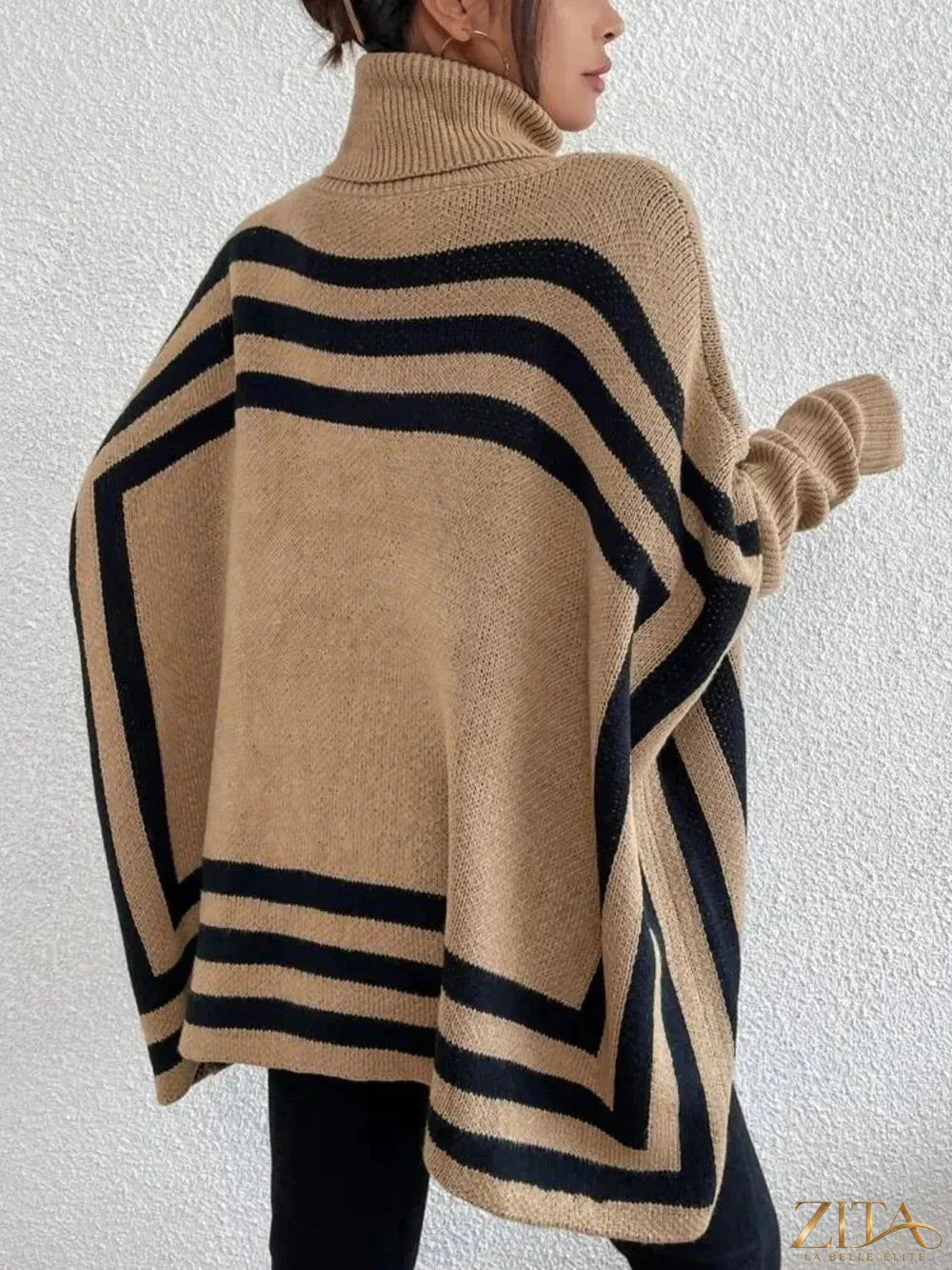 Striped turtleneck batwing sleeve sweater with pockets by Trendsi, featuring a cozy knit design and contrasting stripe pattern.