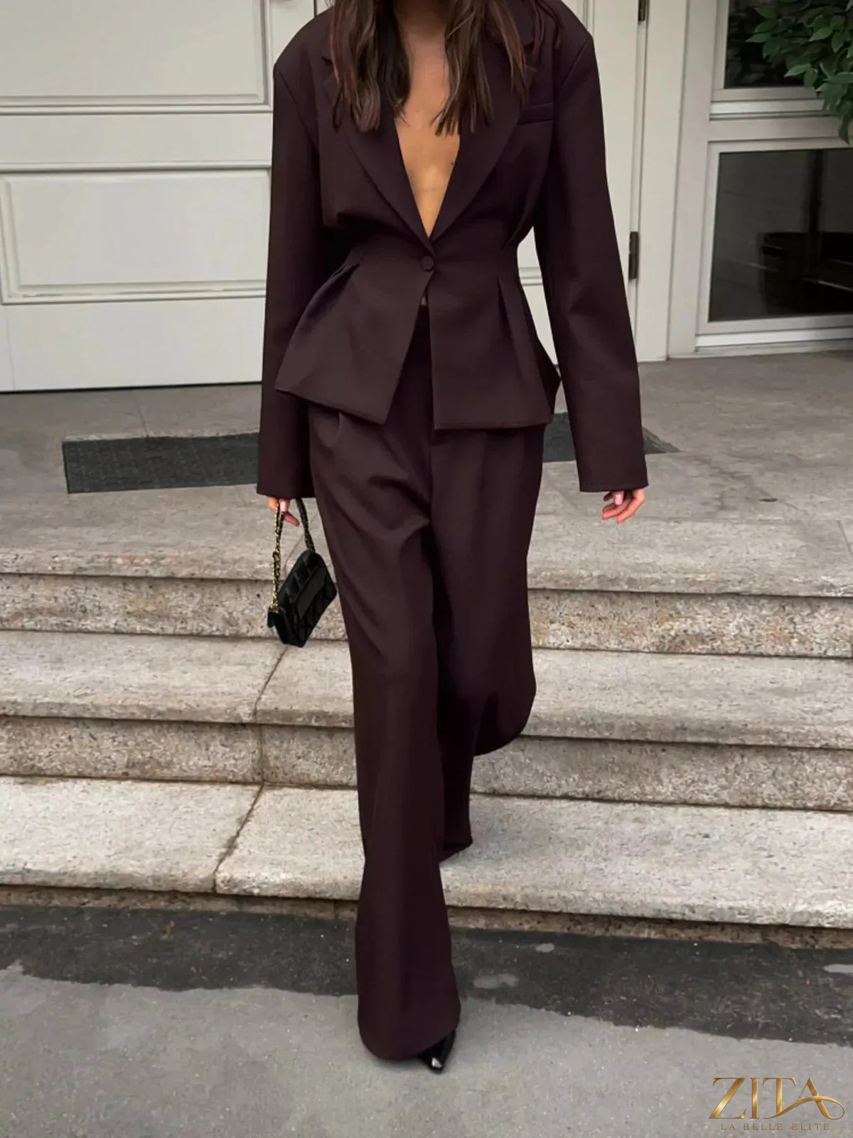 Zita La Belle Elite one-button blazer and wide-leg pants set, stylish tailored suit for women, black fabric, front view.