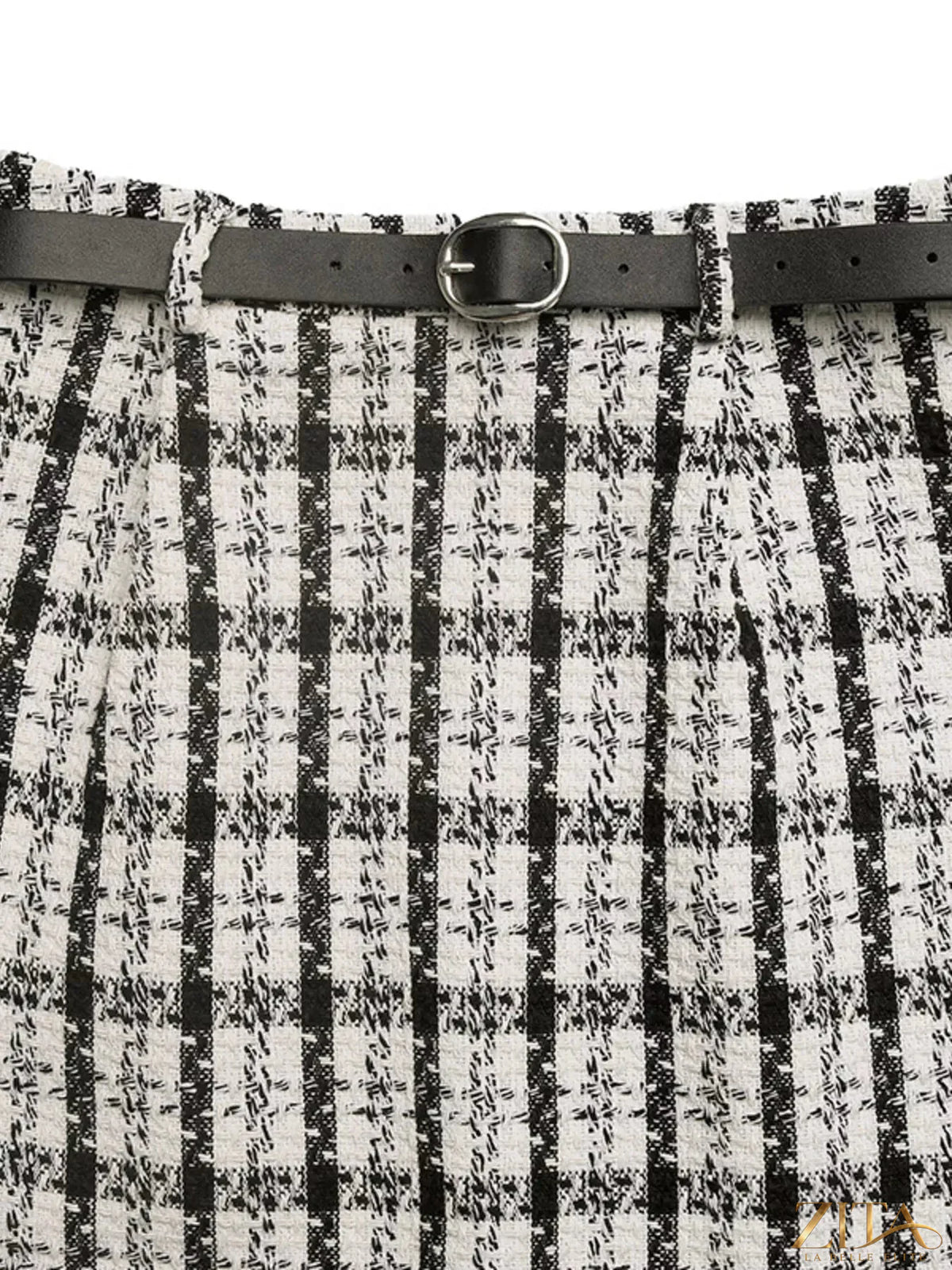 Zita La Belle Elite high-waisted tweed plaid midi skirt showing its classic pattern and tailored fit on a neutral background.