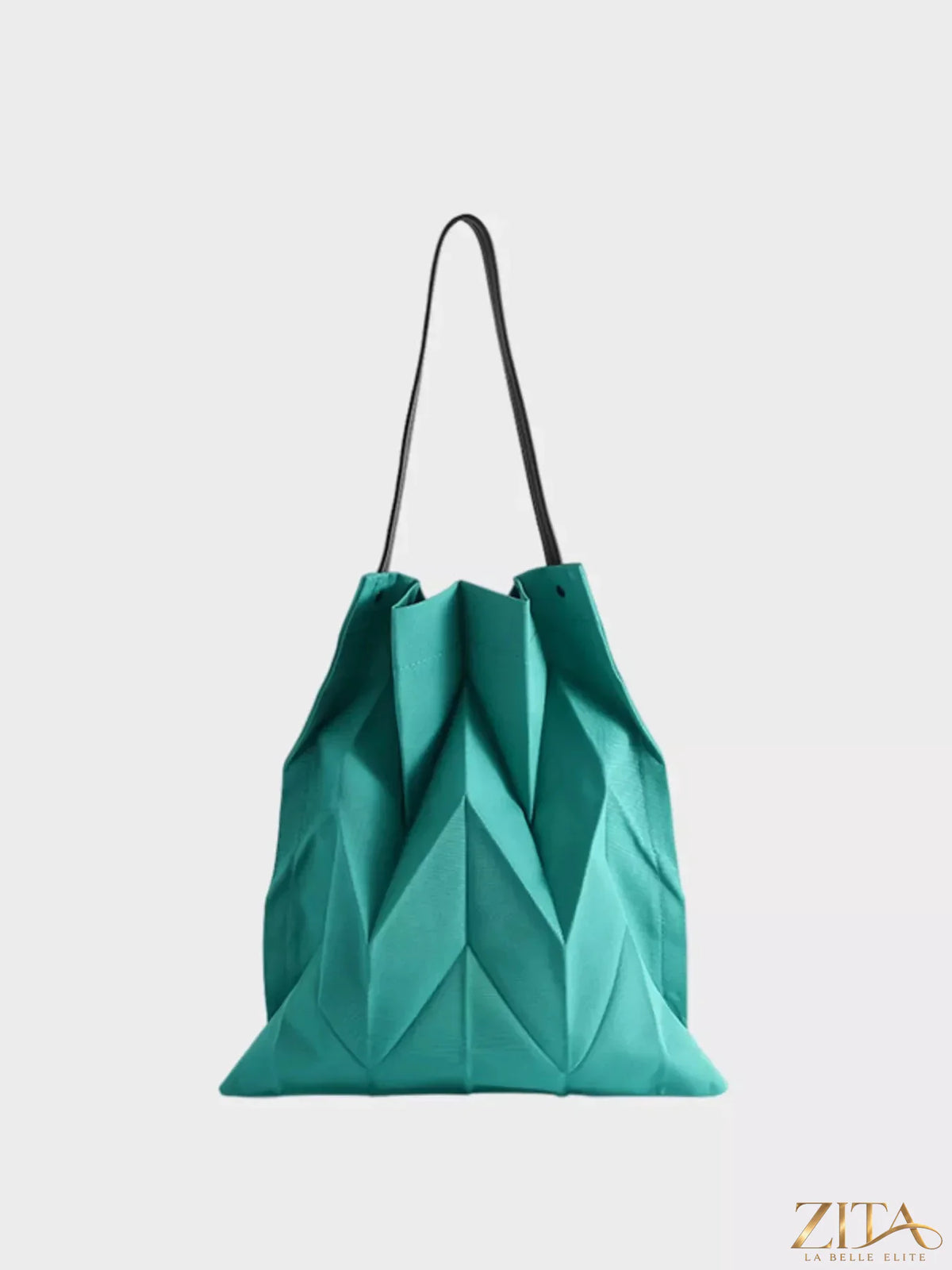 Zita La Belle Elite minimalist geometric pleated tote handbag with structured design and top handles, black fabric with subtle pleats.