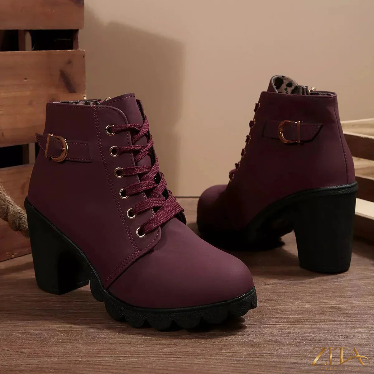 Zita La Belle Elite lace-up ankle boots with buckle detail and chunky heels, stylish and trendy footwear for women.
